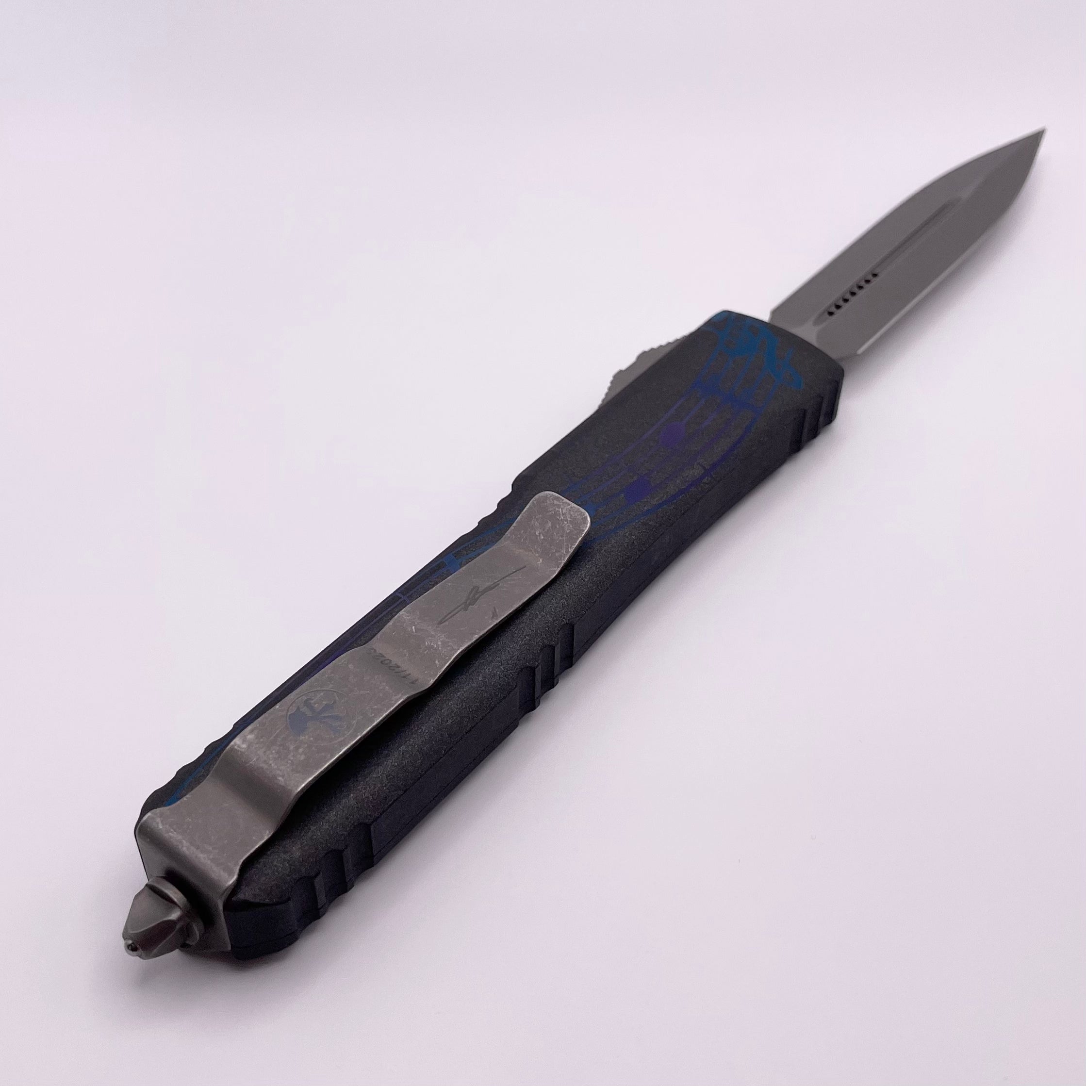 PRE OWNED Microtech Ultratech NCKS 2023 Blue & Purple Double Edge Apocalyptic Standard 122-10APNCKS