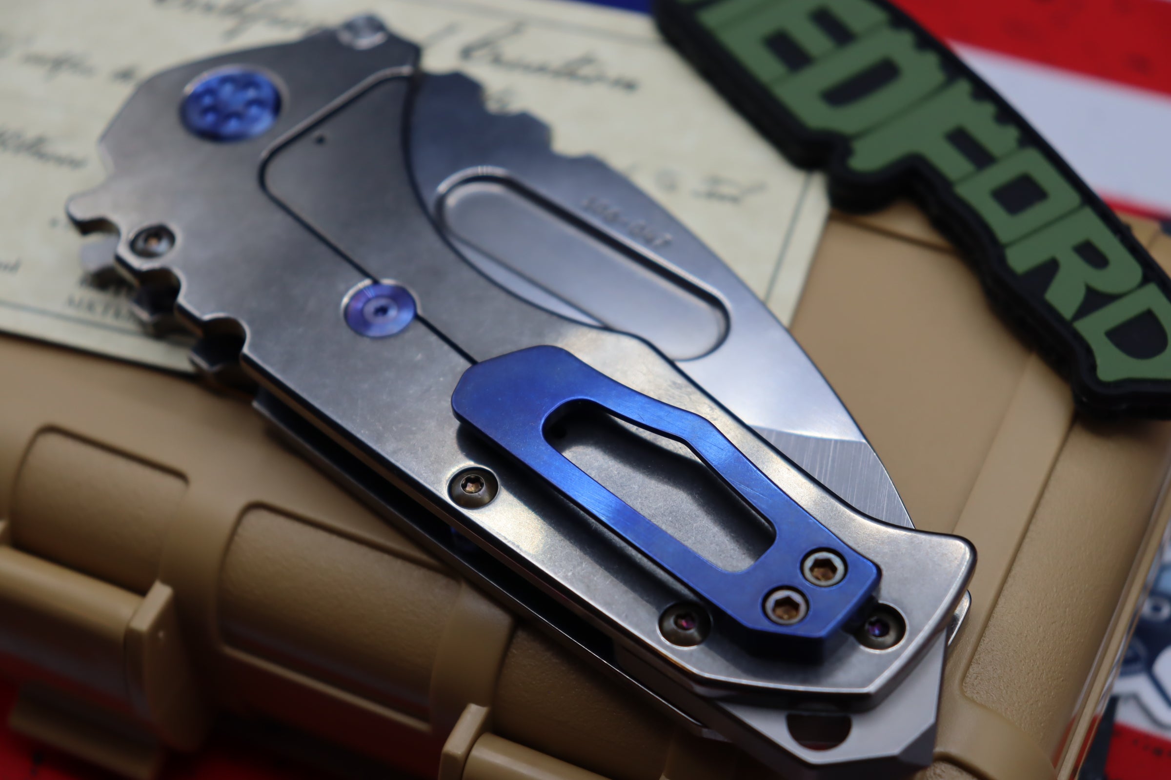 Medford Knife Praetorian T “We The People” Engraved & Blue Hardware with S35 Drop Point 106-047