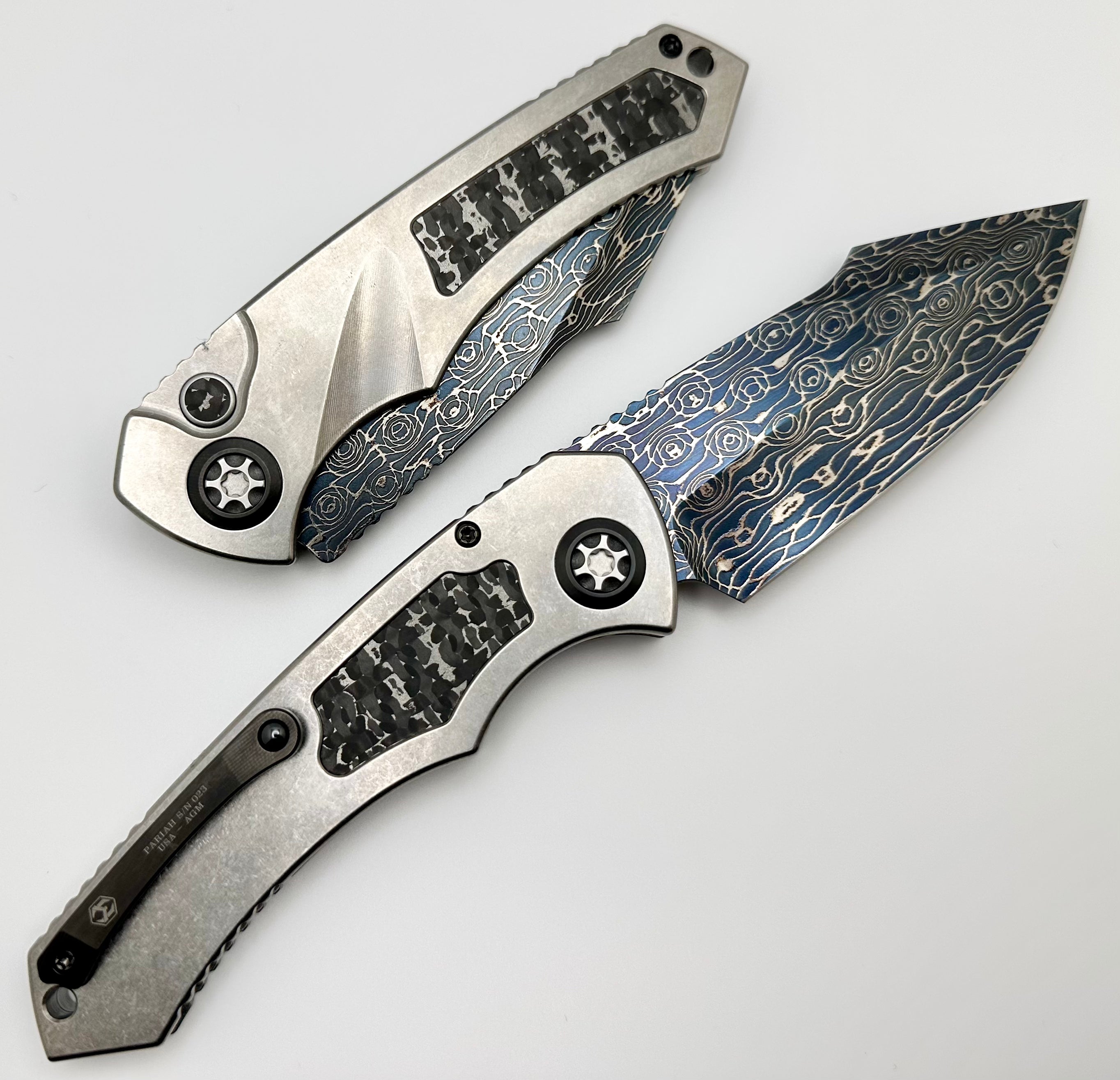 Heretic Knives Pariah Auto Custom Titanium & Silver Snakeskin Inlay w/ Blued Vegas Forge Damascus