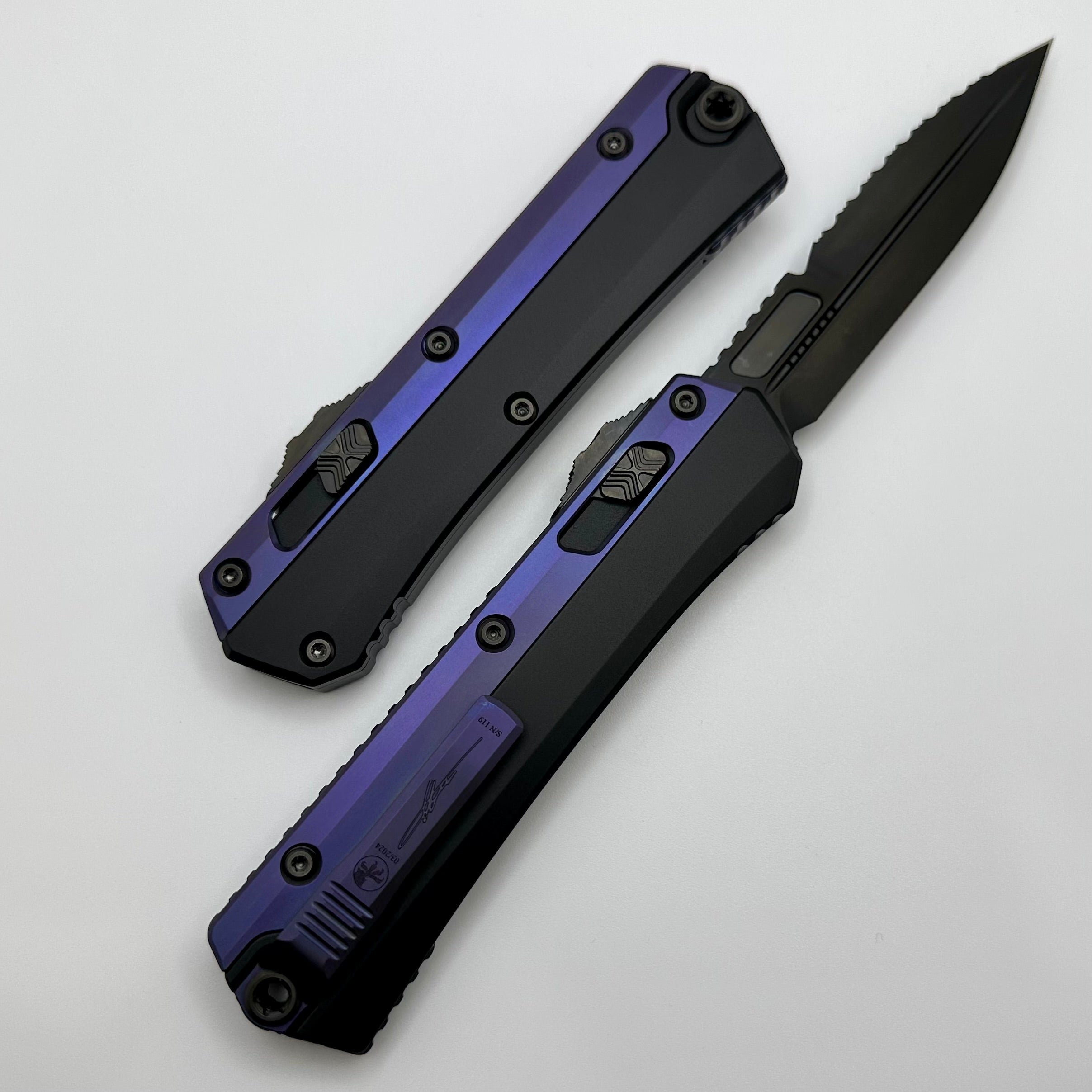 Microtech Glykon DLC Bayonet Part Serrated w/ Purple Anodized Accents Signature Series 184-2DLCPU