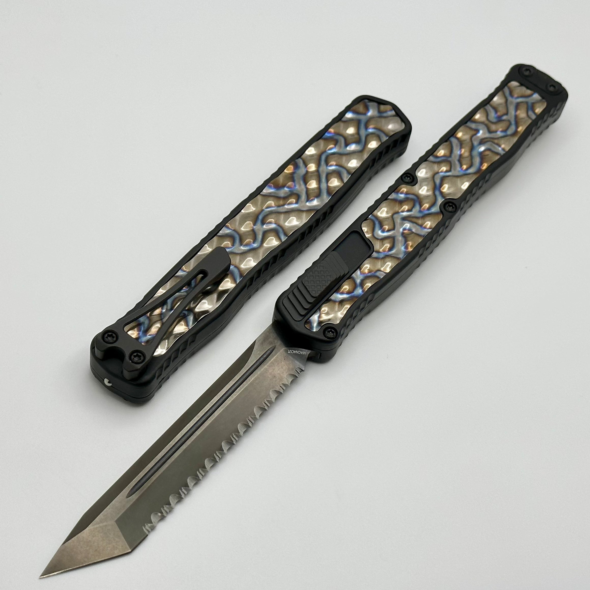 Heretic Knives Cleric II 2 Flamed Titanium Inlays & DLC Full Serrated Tanto Magnacut H019-6C-FTI