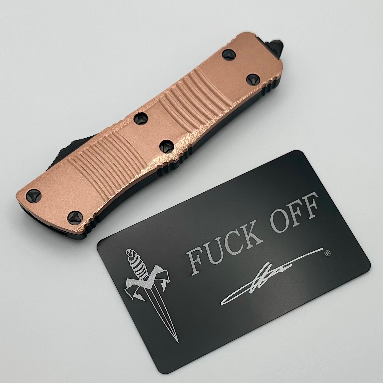 Microtech Troodon D/E Stippled Copper Top w/ DLC Full Serrated Friendly