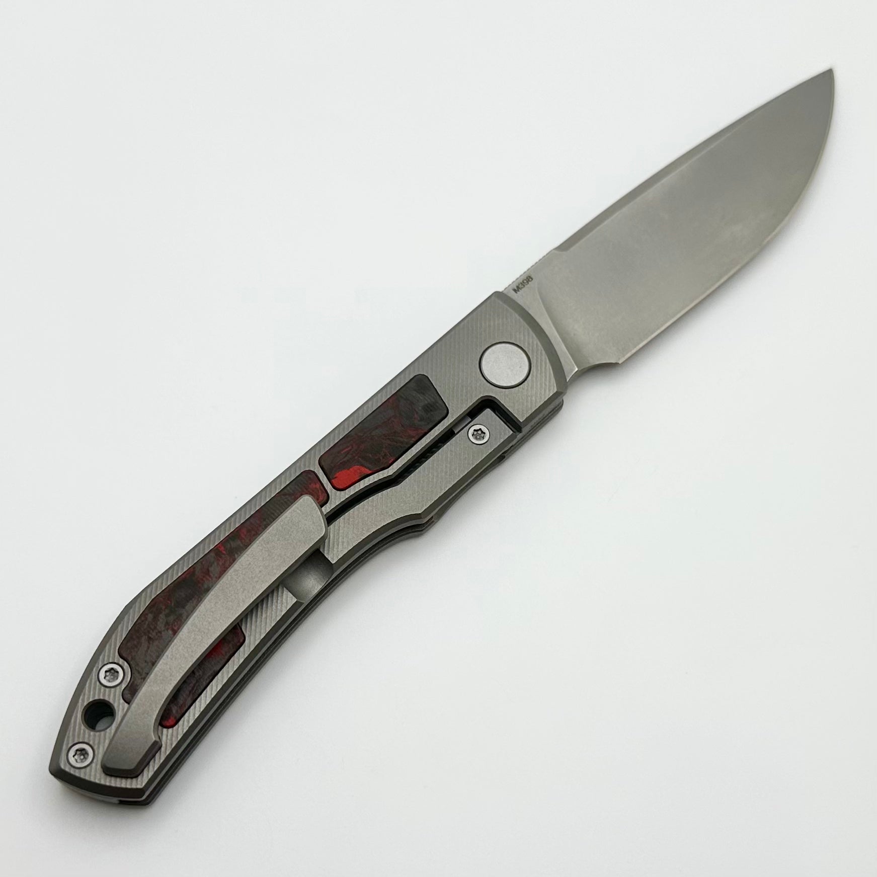 Uldanov Custom Knives Sierra w/ Milled Titanium/Red Dark Matter Carbon Fiber Inlays & M398 Front Flipper #66