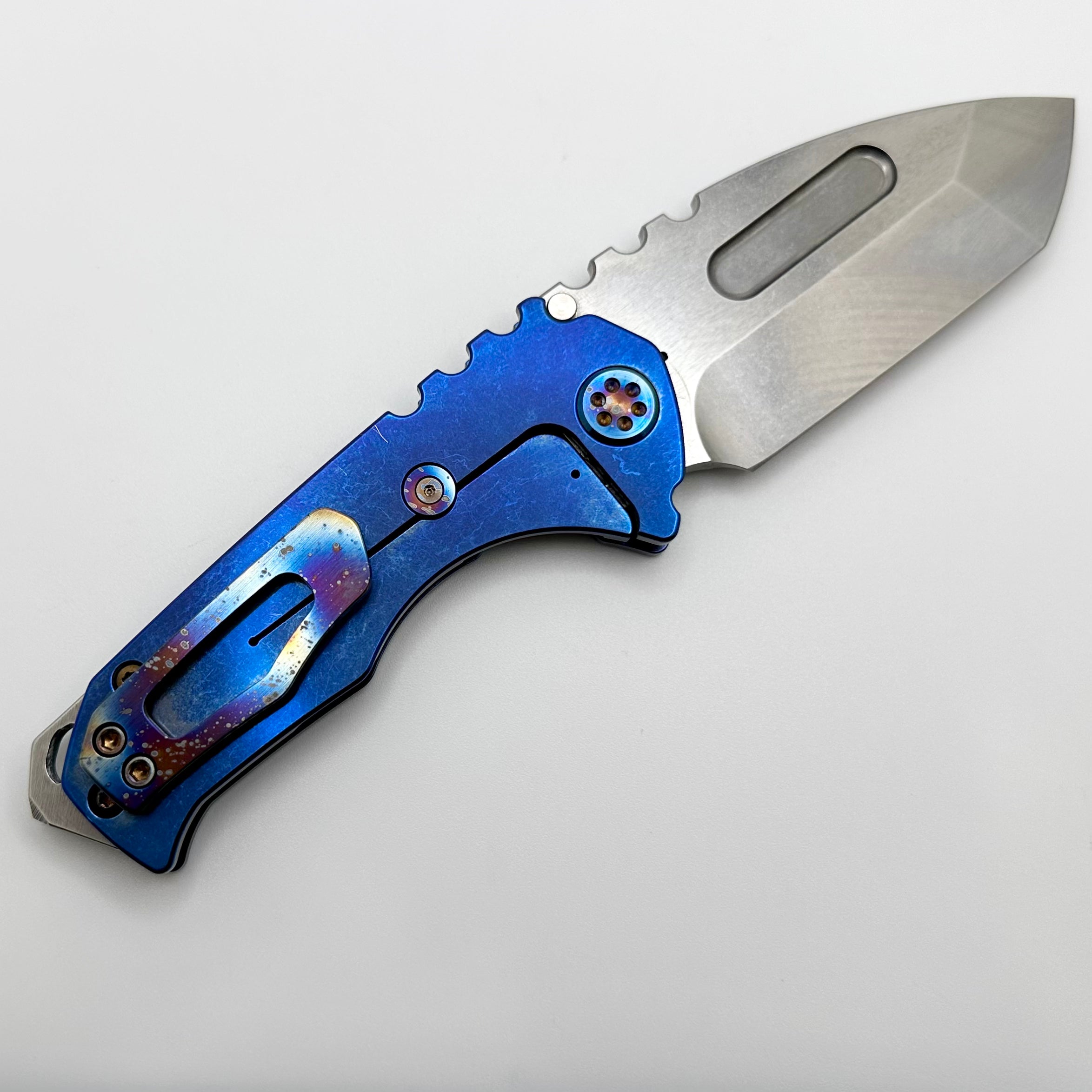 Medford Praetorian Genesis T Blue Tumbled Handles w/ Flamed Hardware & Galaxy Clip w/ S45VN Tumbled Tanto