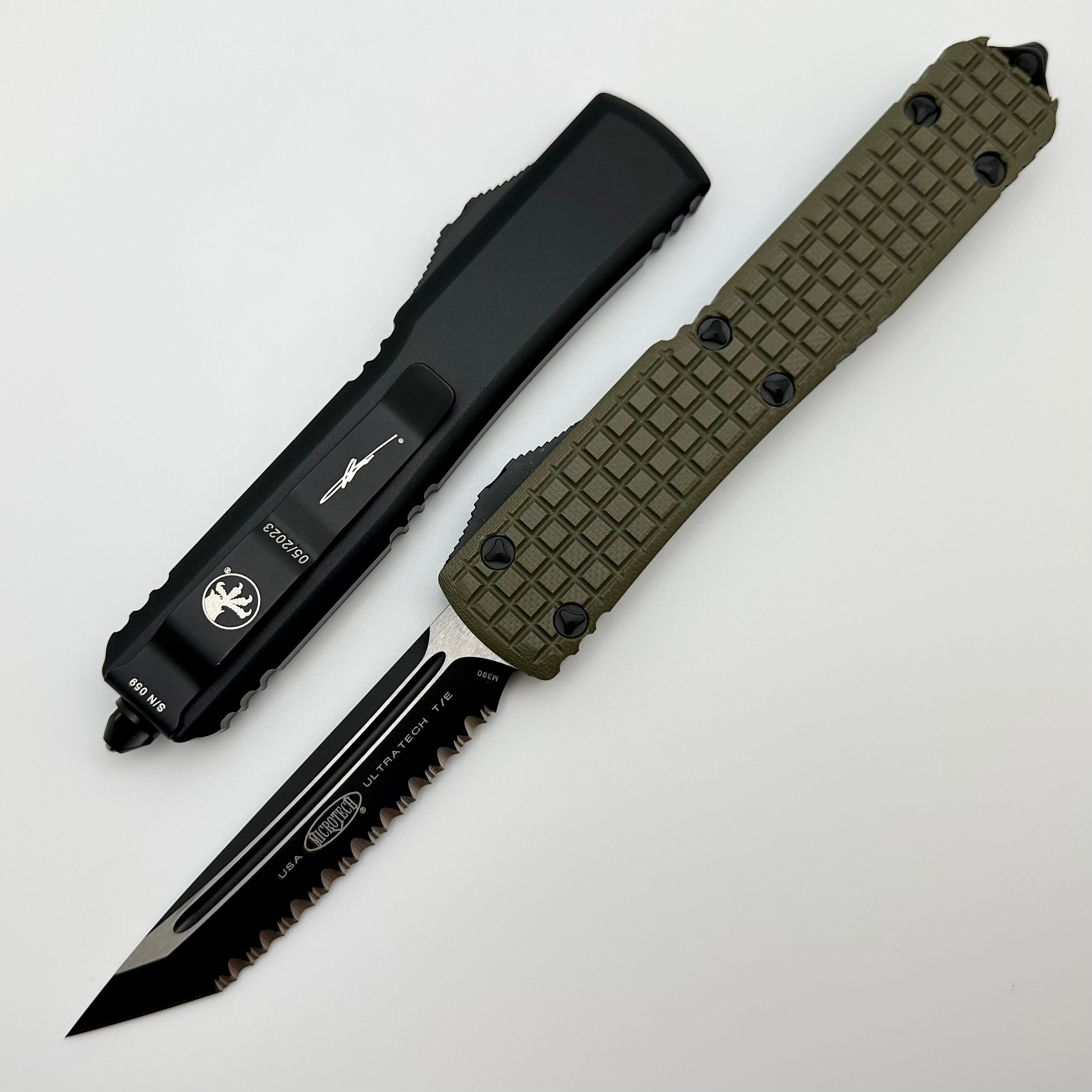 Microtech Ultratech OD Green Frag G-10 Top Tactical Standard & Tanto Full Serrated Signature Series 123-3FRGTODS