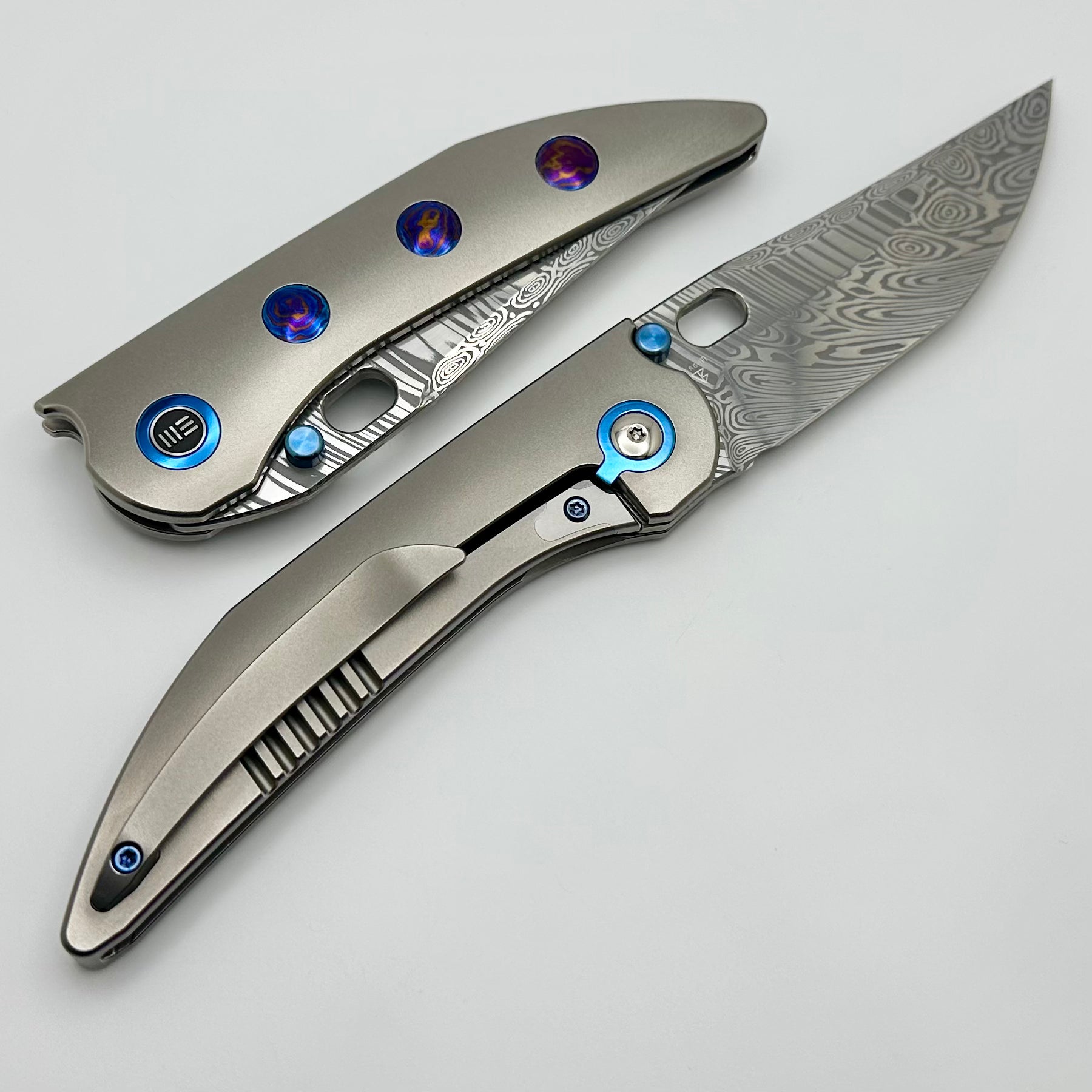 We Knife Attor Polished Bead Blasted Titanium Integral Handle w/ Timascus Inlays & Damasteel WE23037-DS1