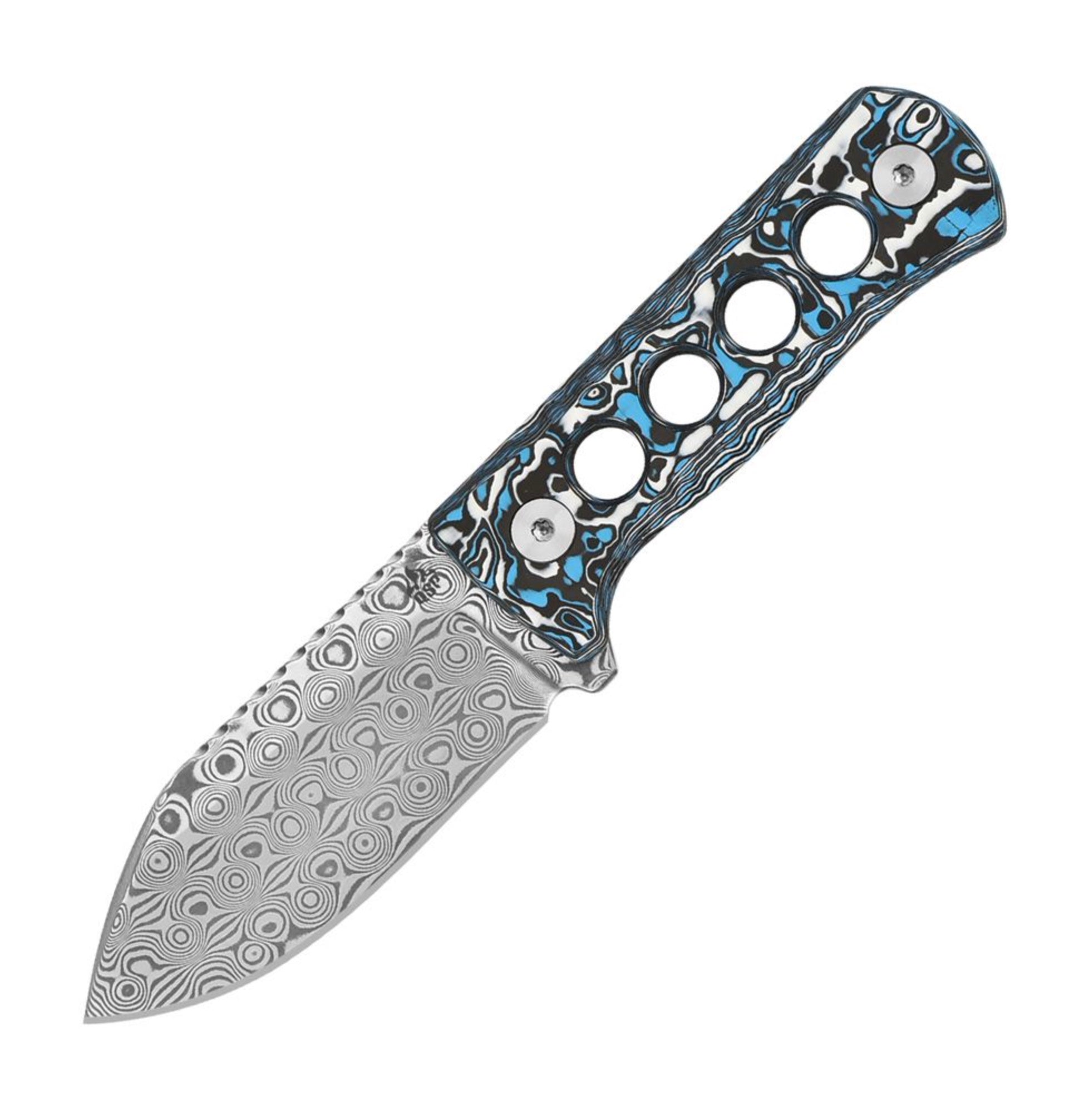 QSP Canary Neck Knife w/ Laminated Damascus & Black/White/Blue Carbon Fiber Handle QS141-I