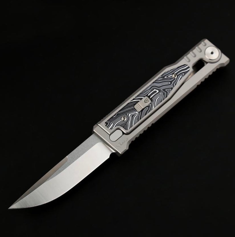 Reate EXO M Black/White Damascus Pattern G-10 & Satin/Stonewash Drop Point