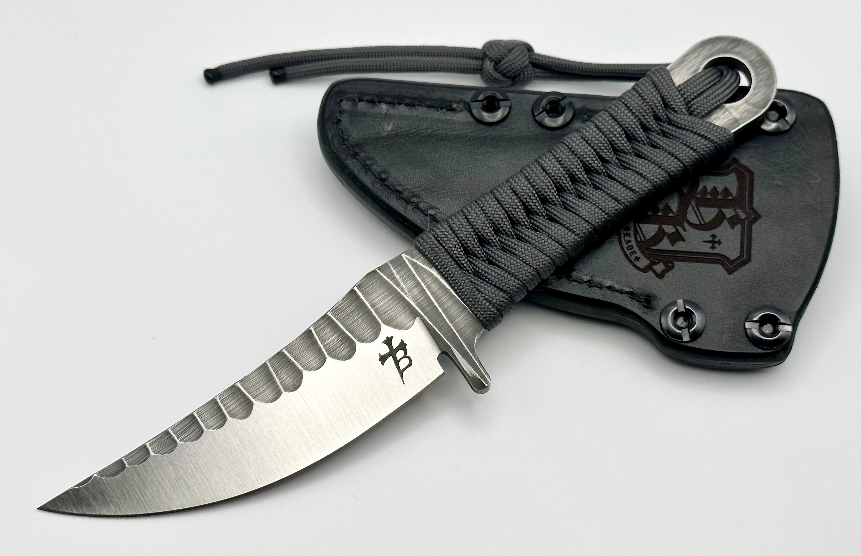 Borka Blades SBK-L M390 Rock Ground Fixed Blade & Chattanooga Leather Sheath w/ Gray Paracord Wrap