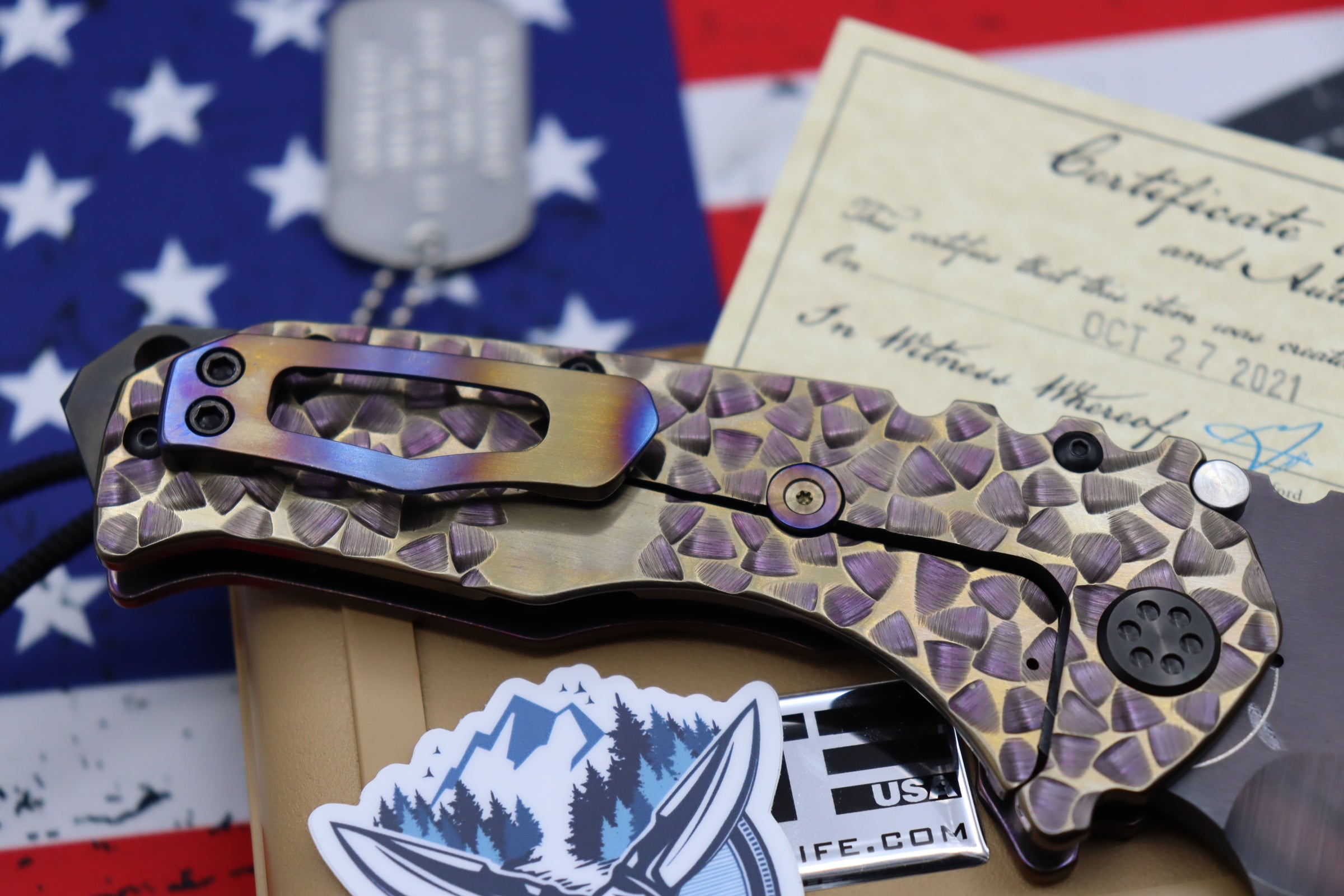 Medford Knife Praetorian T Peaks & Valleys Violet-Bronze Fade & Flamed Hardware with S35 Vulcan Tanto 106-186