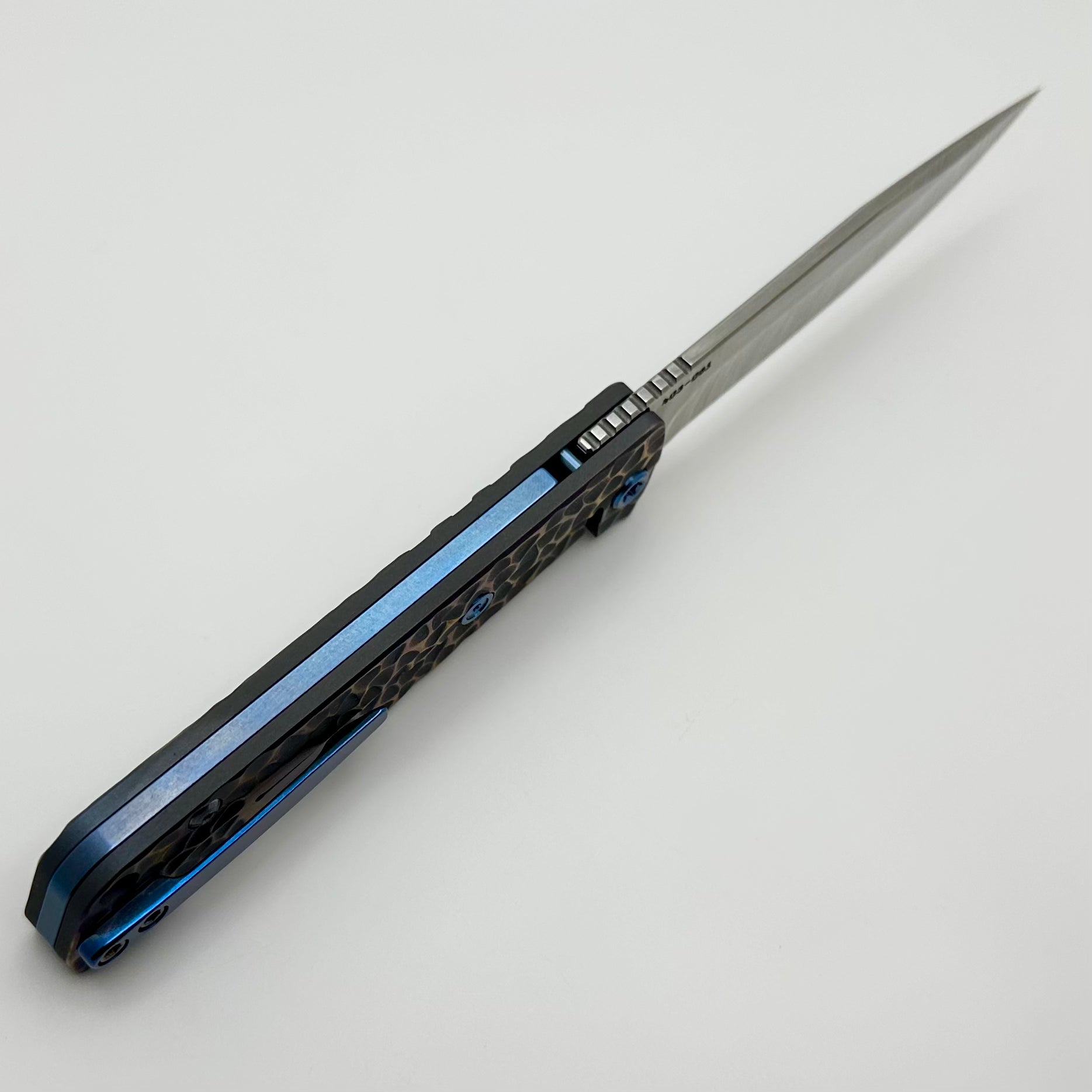 Medford Antik Front Flipper Tumbled S45 Drop Point & Bead Blast Blue Peaks & Valleys Titanium Handles w/ Blue Hardware