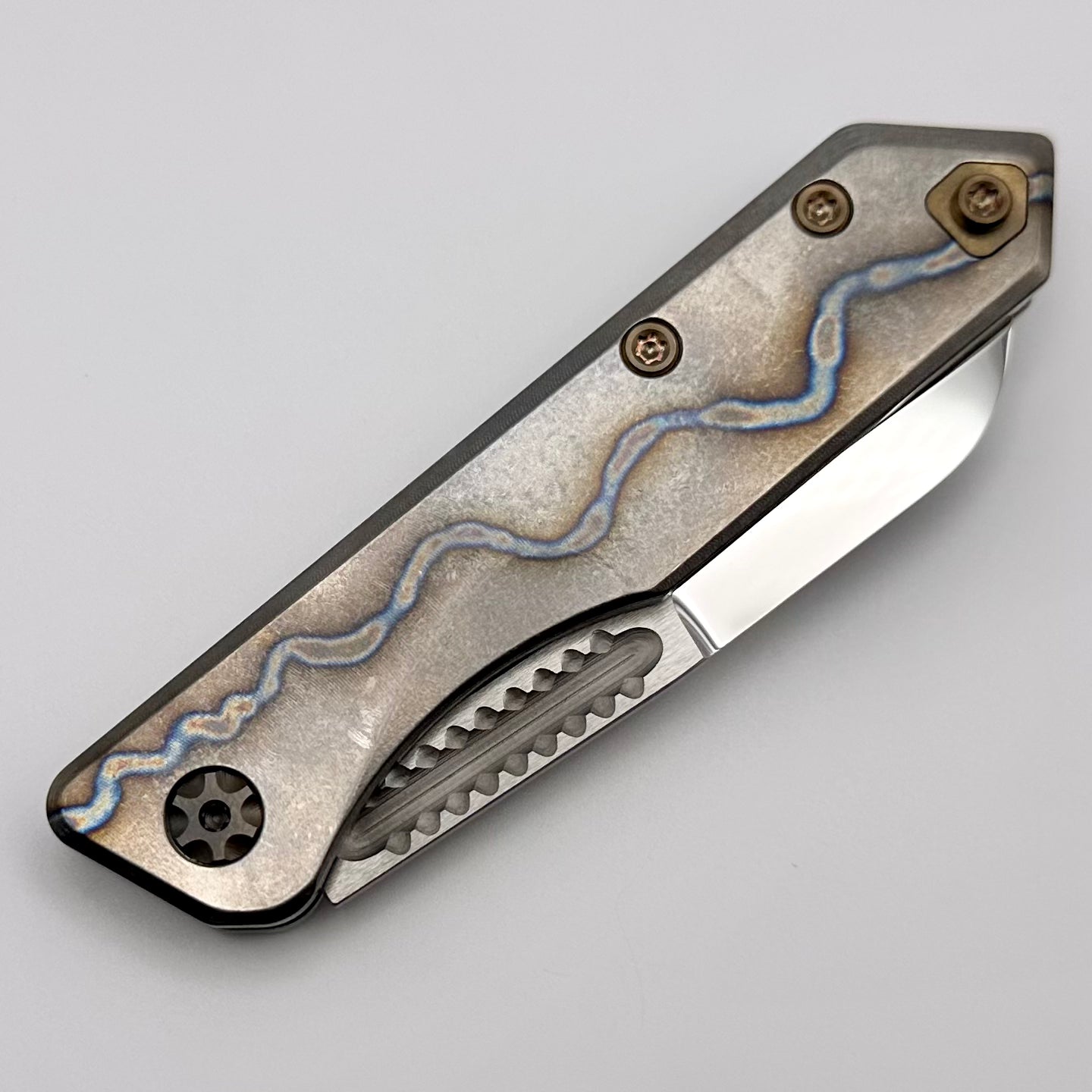 Heretic Knives Jinn Flamed Titanium w/ Bronze Accents & Mirror Polish Elmax