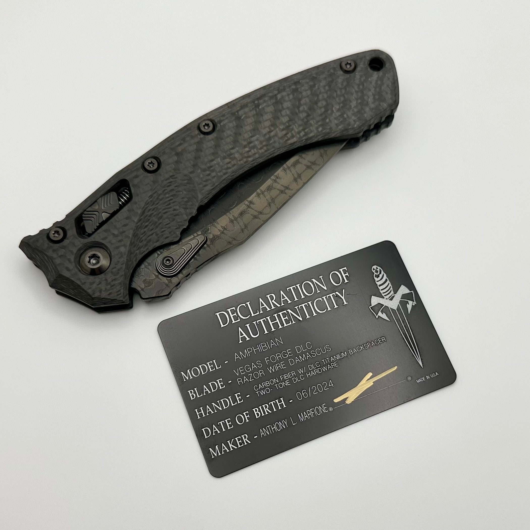 Microtech Knives Amphibian RAM-LOK Vegas Forge DLC Razor Wire Damascus & Carbon Fiber Handles w/ DLC Two Tone Hardware Signature Series 137RL-16MS4