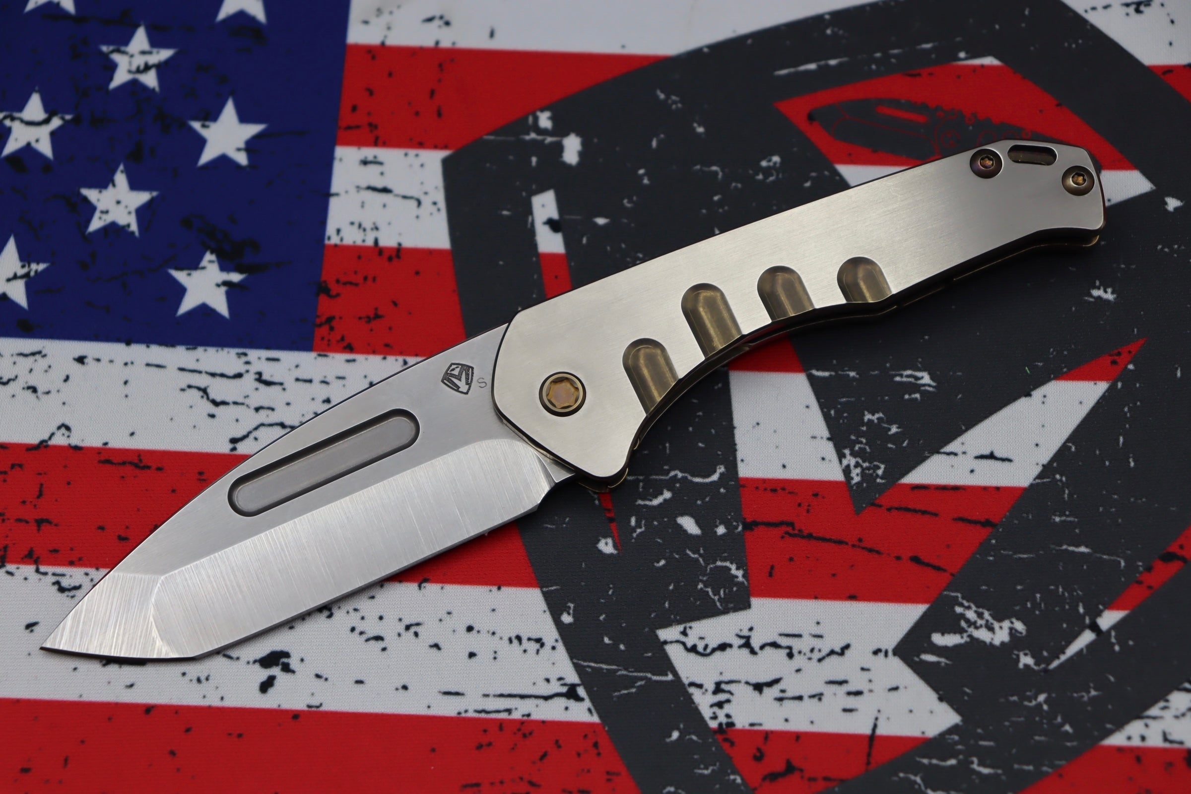 Medford Praetorian Slim S35VN Tumbled Tanto & Bronze w/ Faced/Silver Flats Handles & Bronze Hardware/Clip