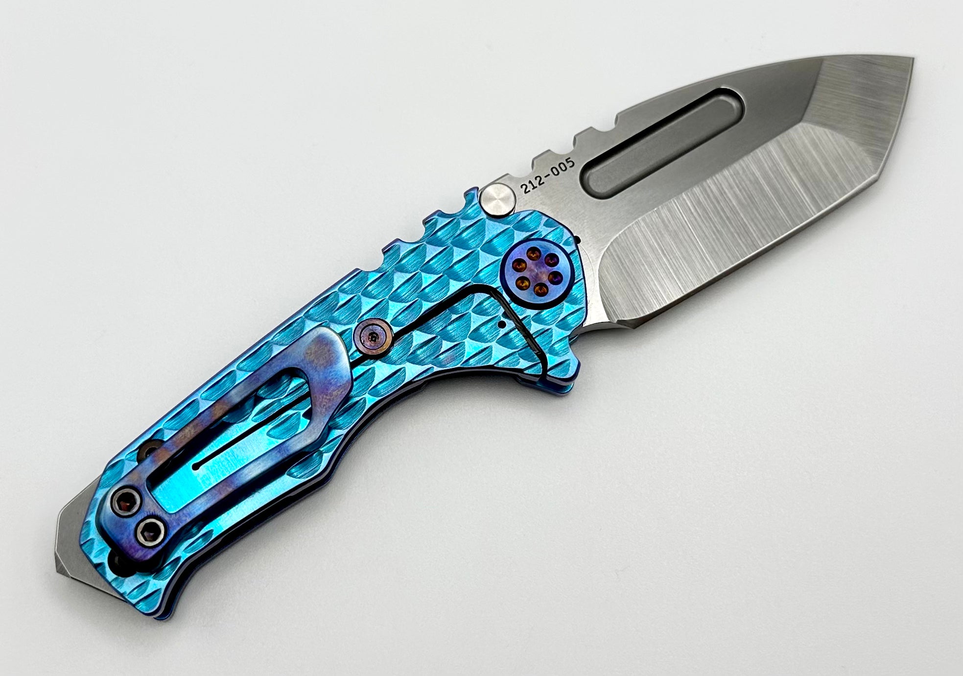 Medford Micro Praetorian T w/ S45 Tumbled Tanto & Blue Dragon Skin Handles w/ Flamed Hardware/Clip