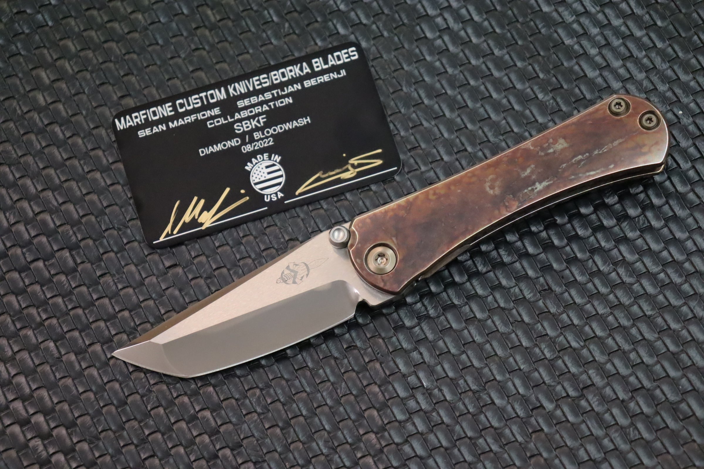 Marfione Custom Knives & Borka Blades Collaboration SBTF Diamond Finished M390 Blade & Bloodwash Scales