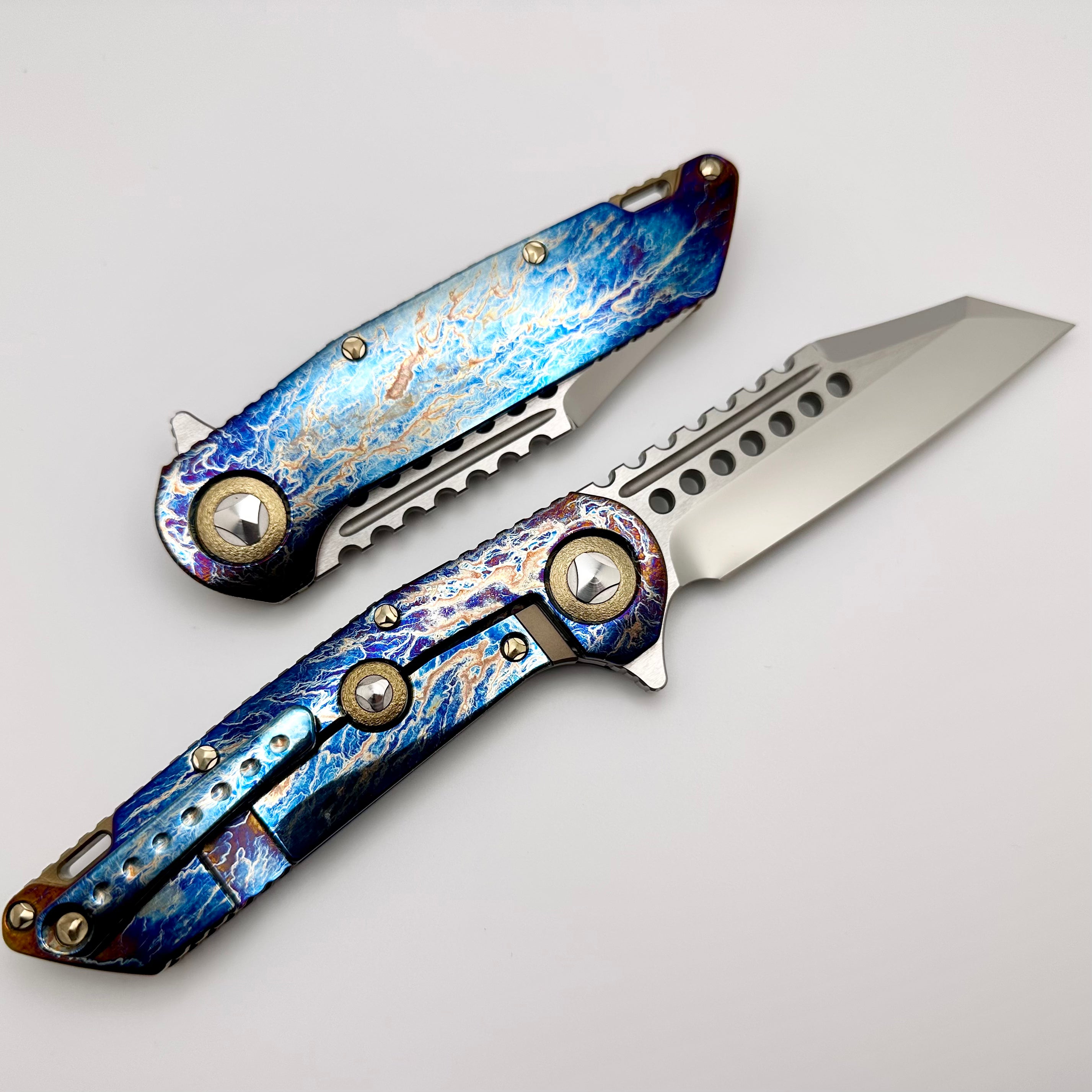 Marfione Custom Knives Warhound Mirror Polish & Galatic Acid Titanium Handles w/ Bronze Titanium Hardware