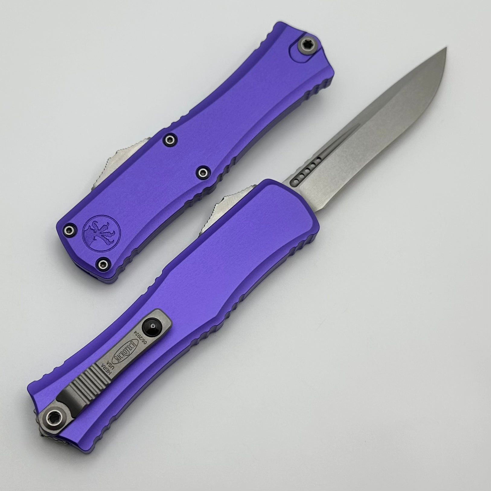 Microtech Knives Mini Hera Stonewash Recurve M390MK w/ Purple Handle 1705M-10PU