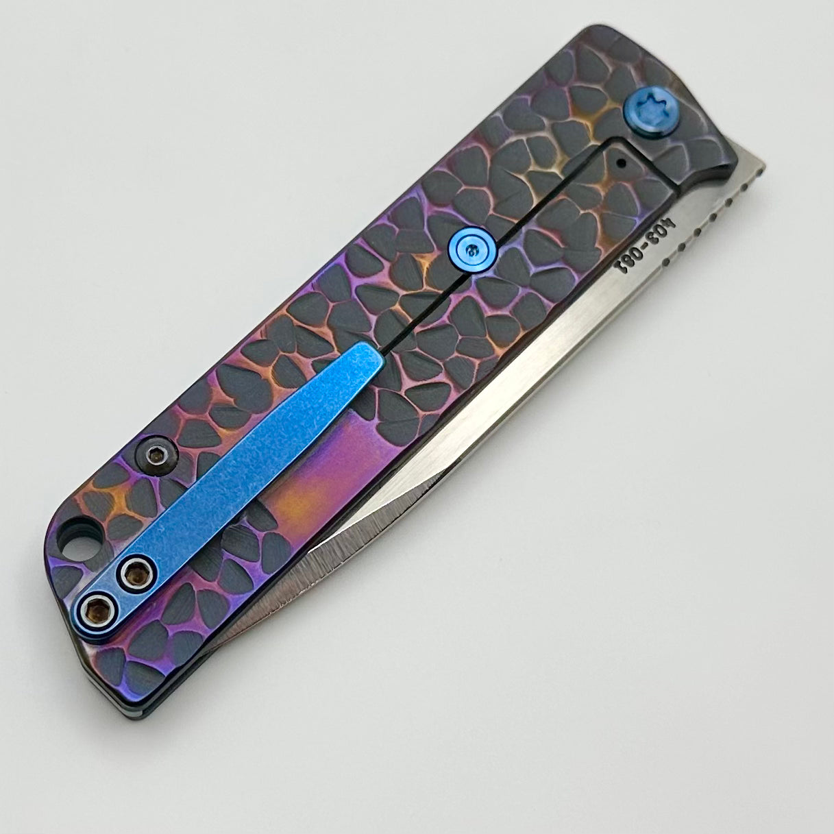 Medford Antik Front Flipper Tumbled S45 Drop Point & Bead Blast Blue Peaks & Valleys Titanium Handles w/ Blue Hardware