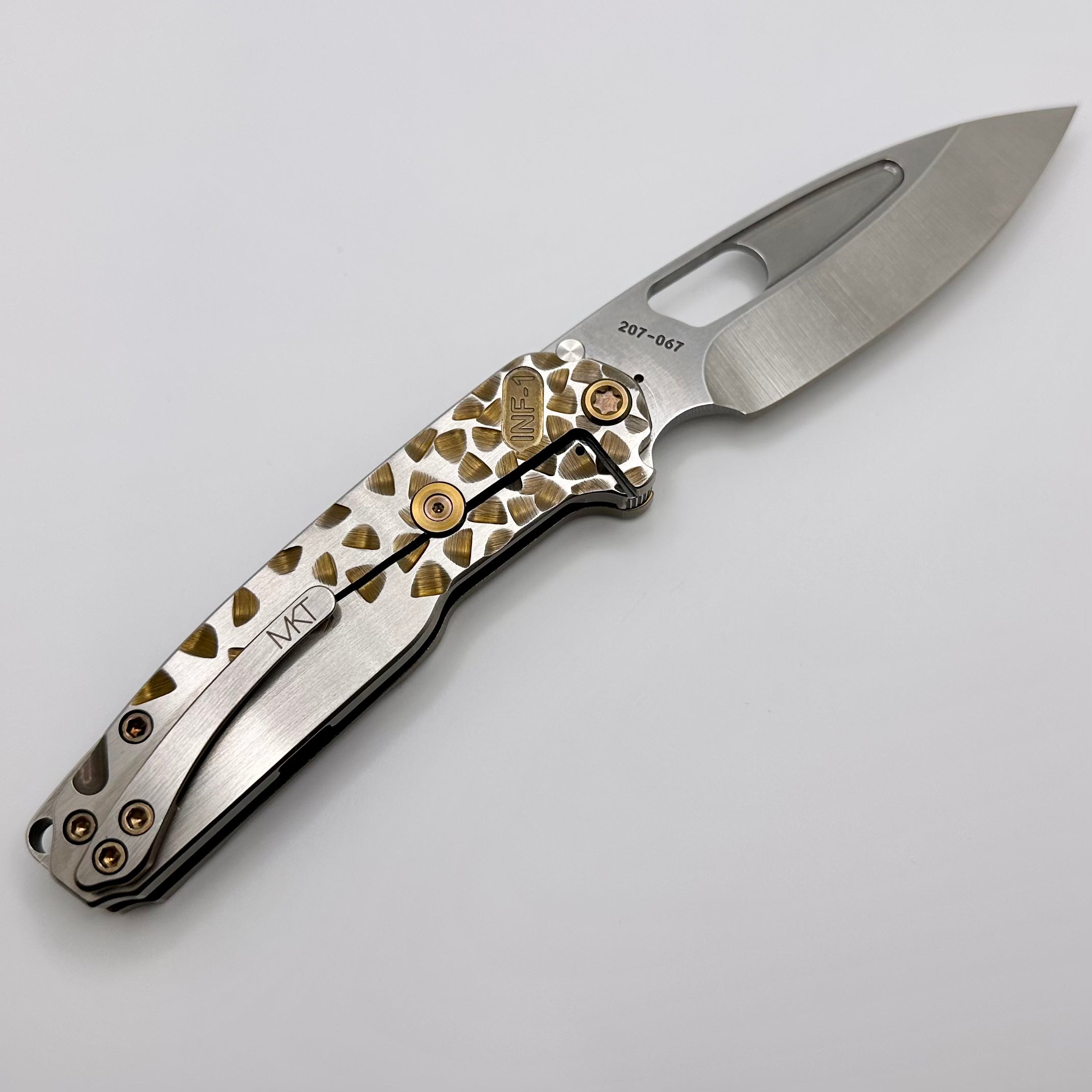 Medford Knife Infraction Tumbled S45VN & Bronze Falling Leaf w/ Silver Flats Handles & Bronze Hardware/Clip PRE OWNED