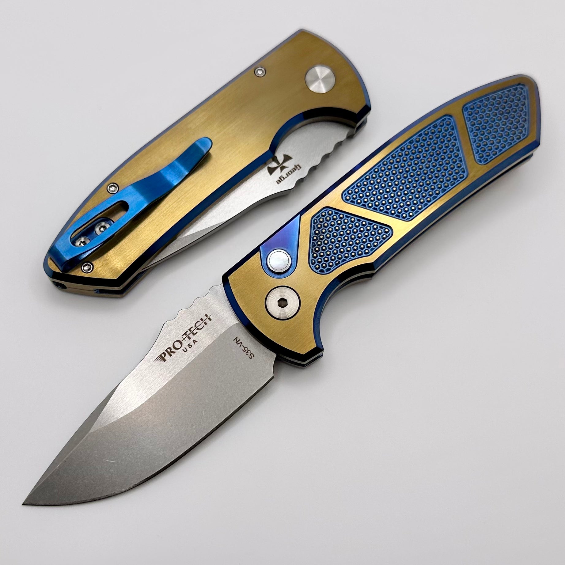 Pro-Tech SBR Short Bladed Rockeye Two Tone Blue/Bronze Knurled Titanium  Handle & Pearl Button w/ Stonewash S35 2023 SBR Custom 006