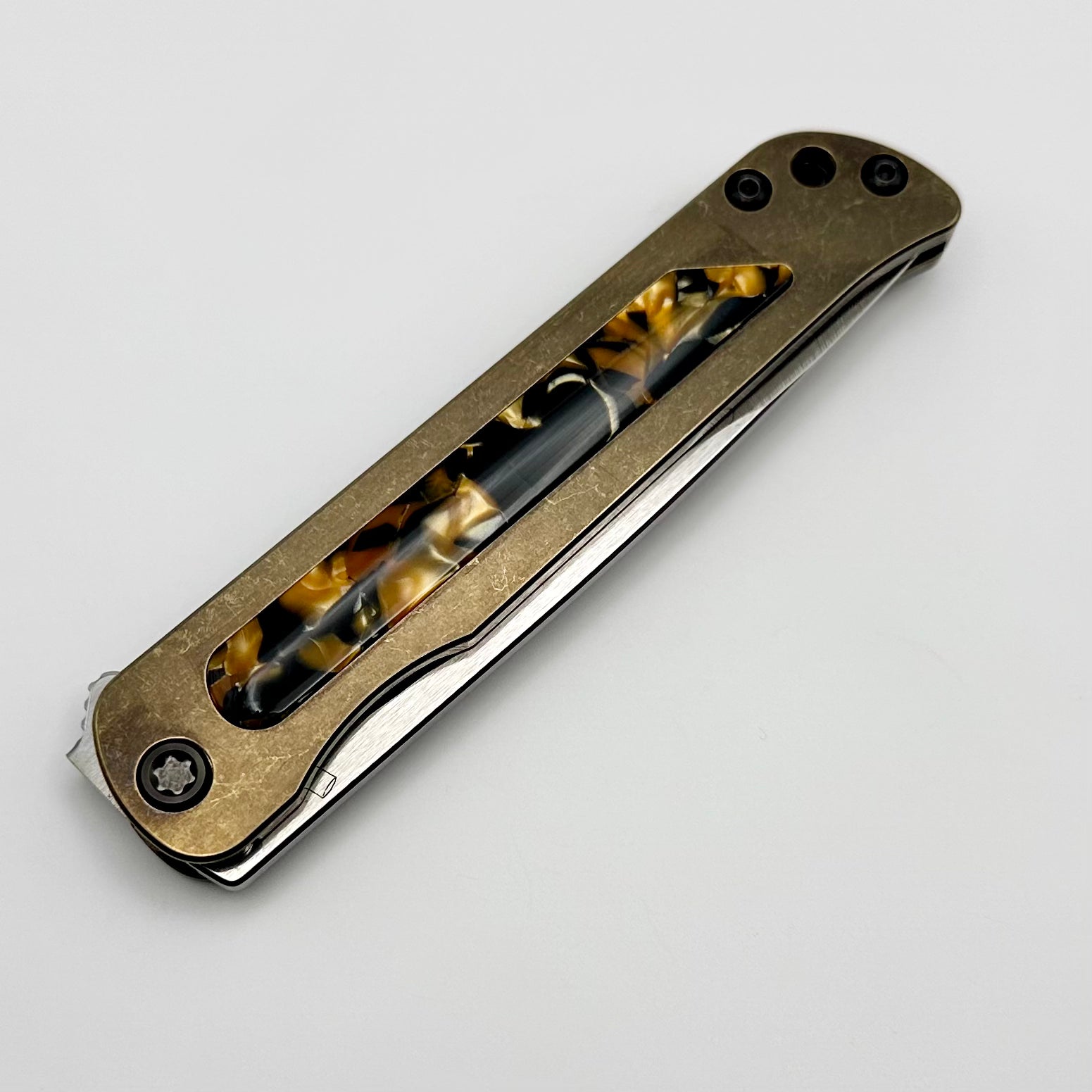 Medford T-Bone Bronze Tumbled Titanium Framelock Flipper w/ Tortoise Shell Inlay & PVD Hardware w/ Tumbled S45VN Blade