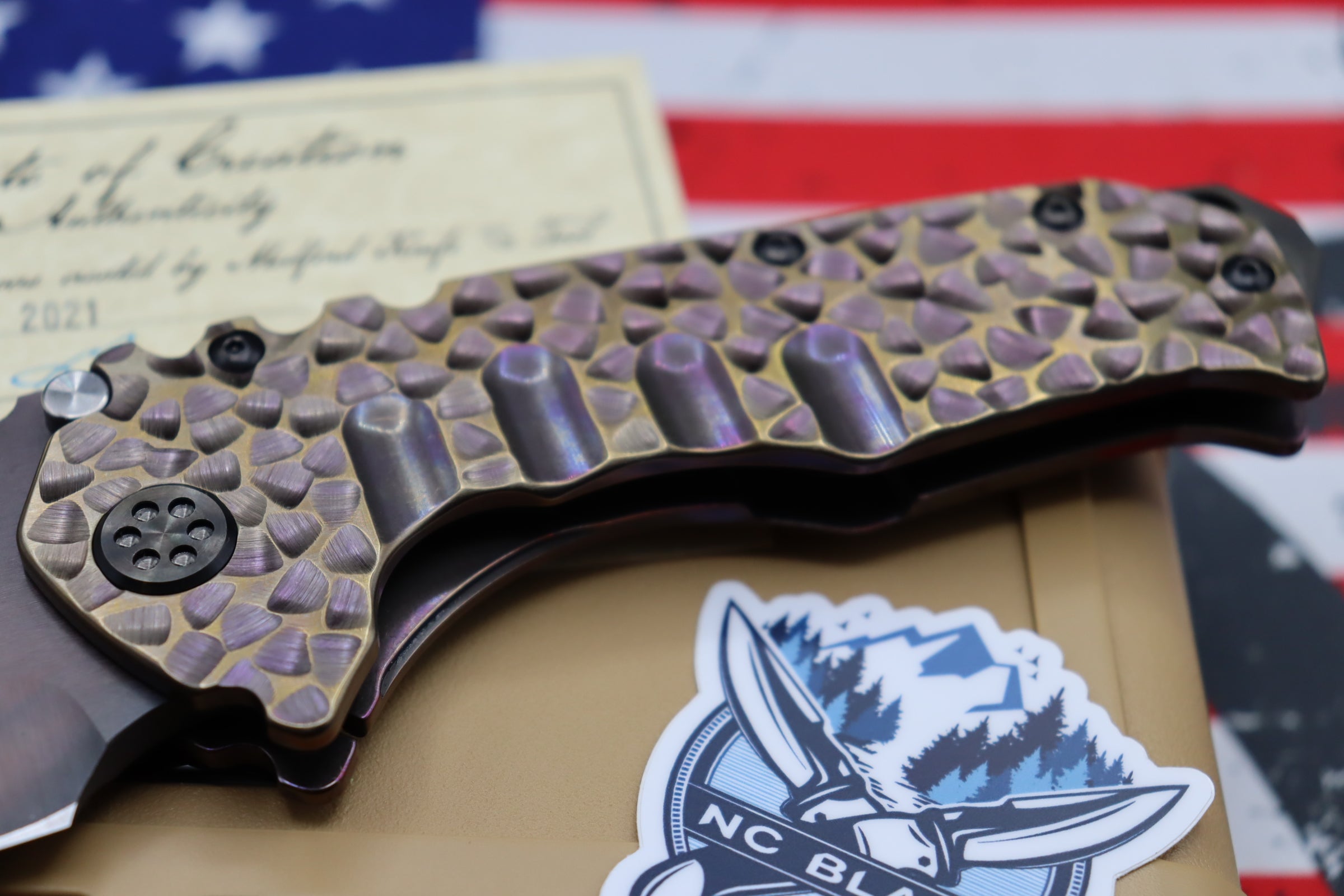 Medford Knife Praetorian T Peaks & Valleys Violet-Bronze Fade & Flamed Hardware with S35 Vulcan Tanto 106-186