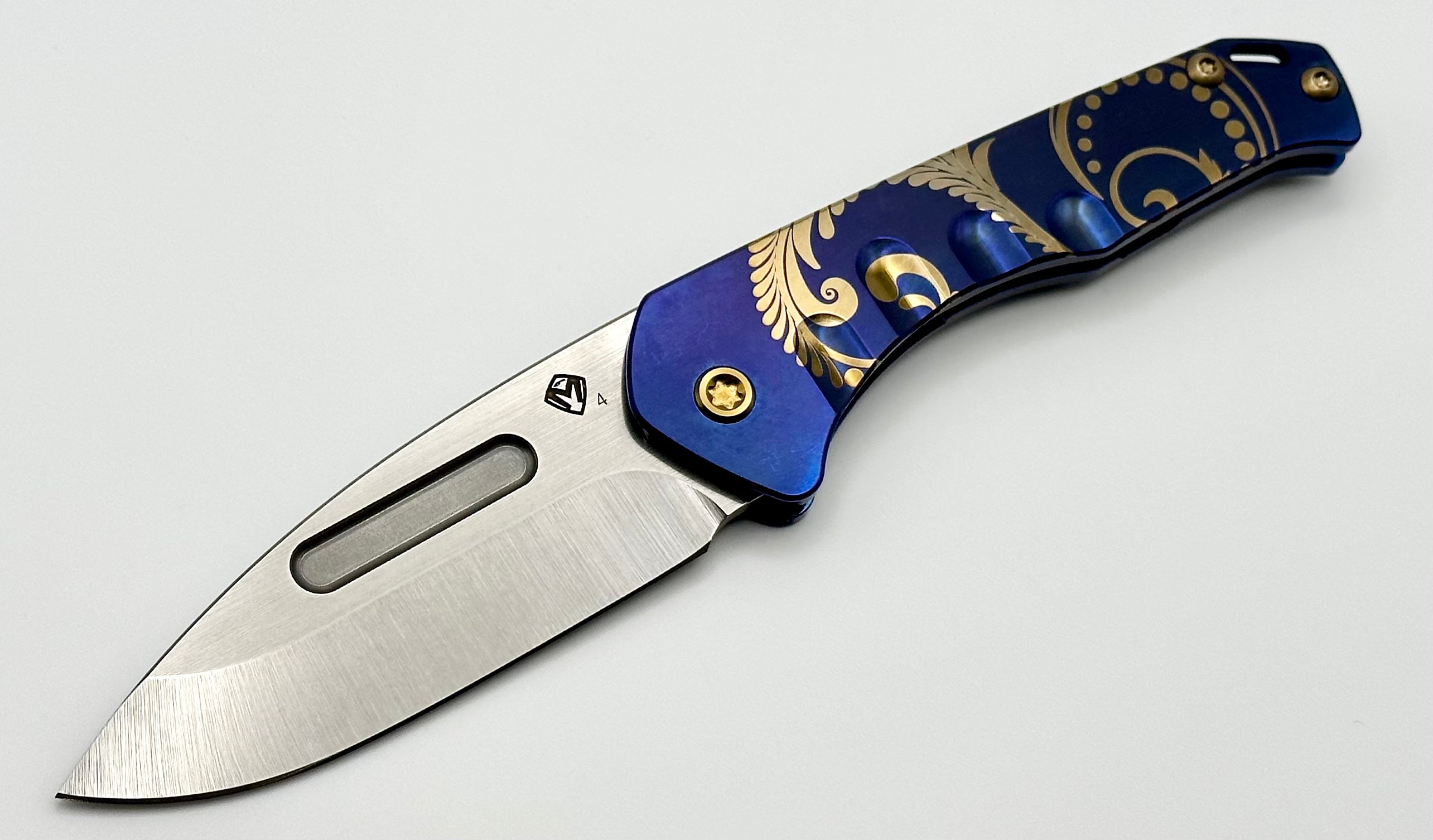 Medford Praetorian Slim w/ Tumbled S45VN Drop Point & Blue Filigree w/ Bronze Hardware/Clip