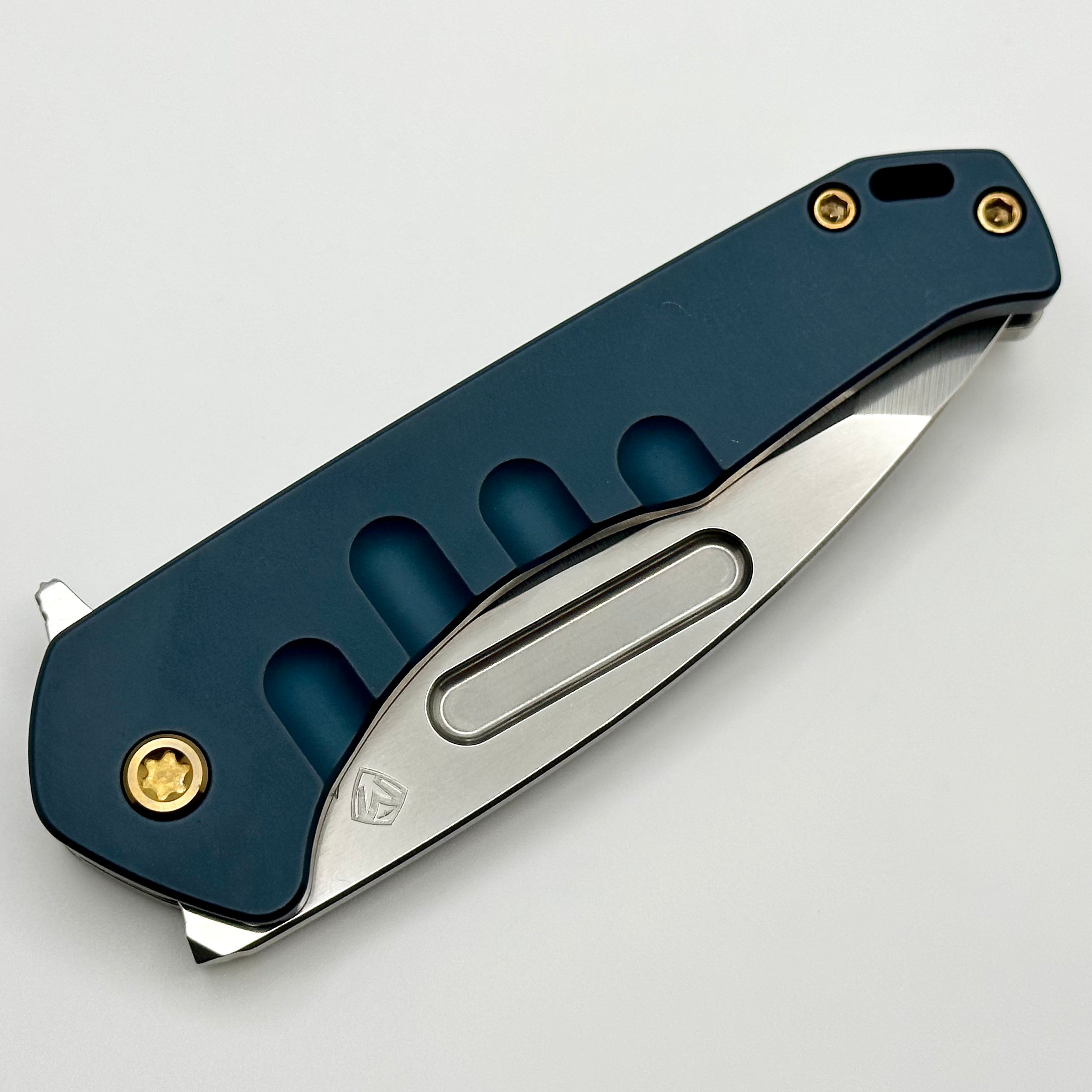 Medford Praetorian Swift FL Framelock w/ Tumbled Tanto S45VN & Blue Aluminum Handle w/ Tumbled Spring & Bronze Hardware/Clip