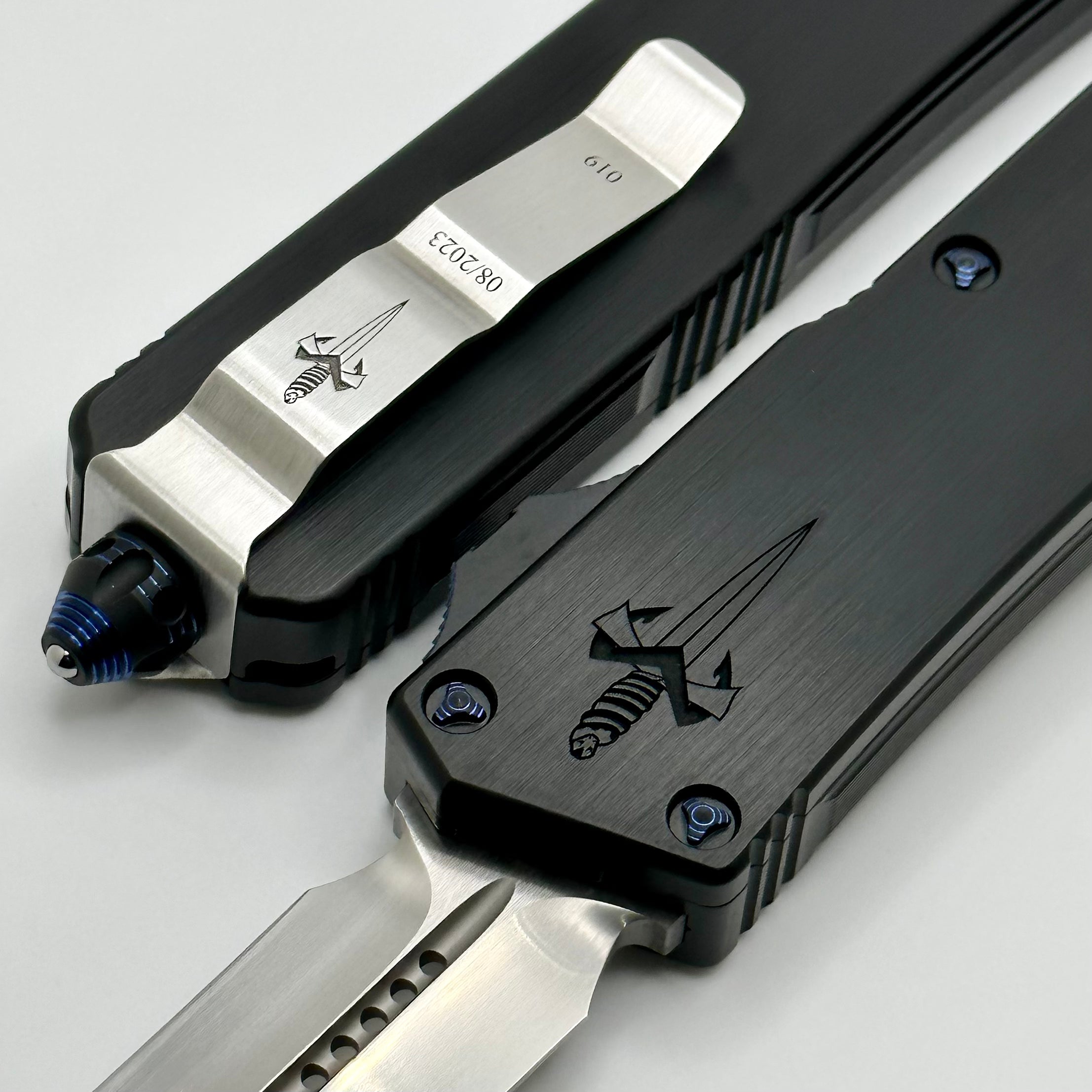 Marfione Custom Knives Scarab 2 DES Hand Satin M390 w/ Hefted Black Handle & Blue Ringed Ti Hardware