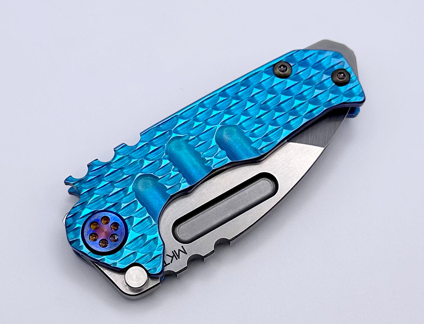 Medford Micro Praetorian T w/ S45 Tumbled Tanto & Blue Dragon Skin Handles w/ Flamed Hardware/Clip