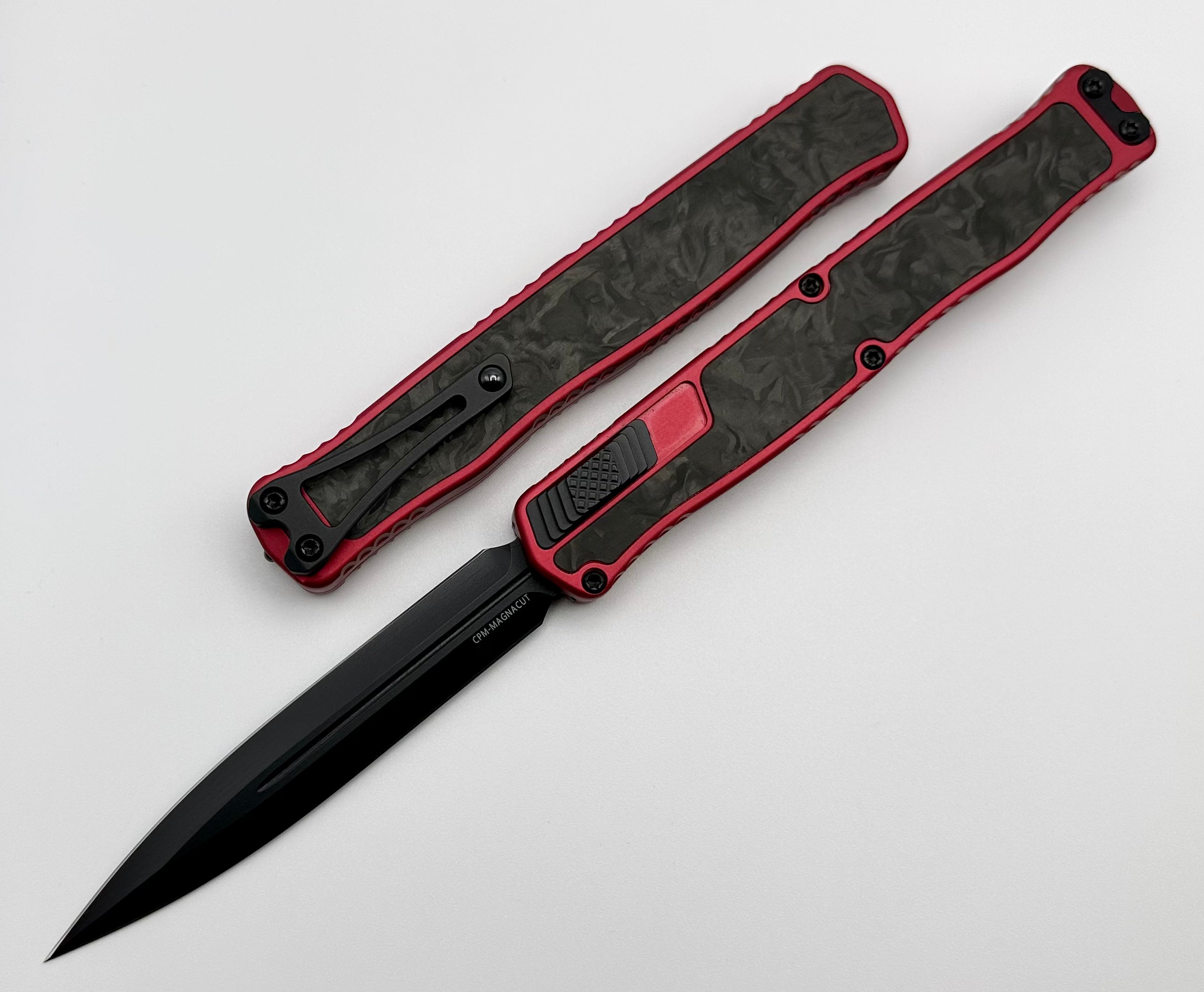 Heretic Knives Cleric II 2 Black Double Edge Magnacut w/ Red & Marbled Carbon Fiber Inlays