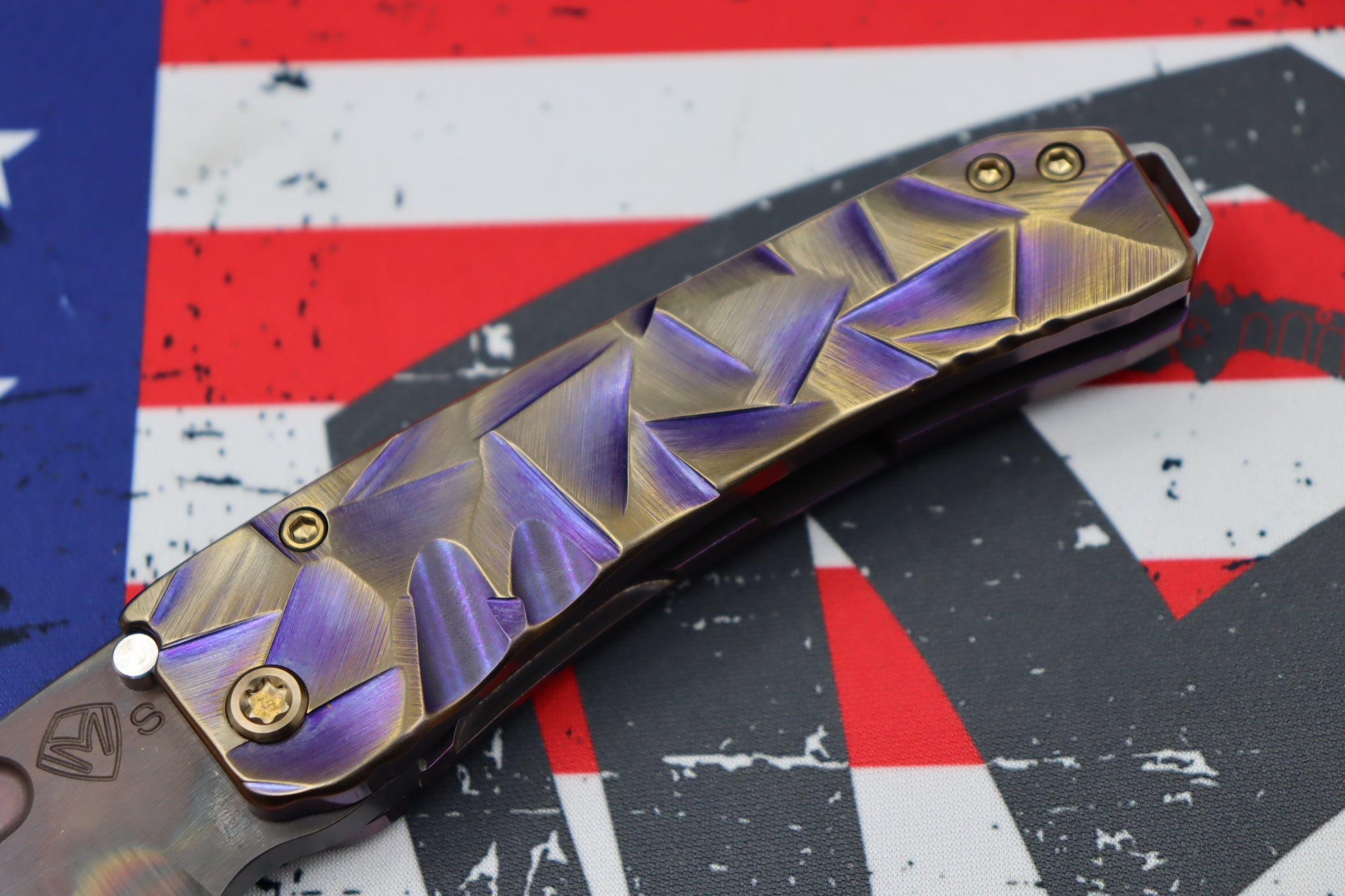 Medford Midi Marauder Vulcan S35 Drop Point & Violet w/ Bronze Stained Glass Sculpted Handles w/ Bronze Hardware/Clip