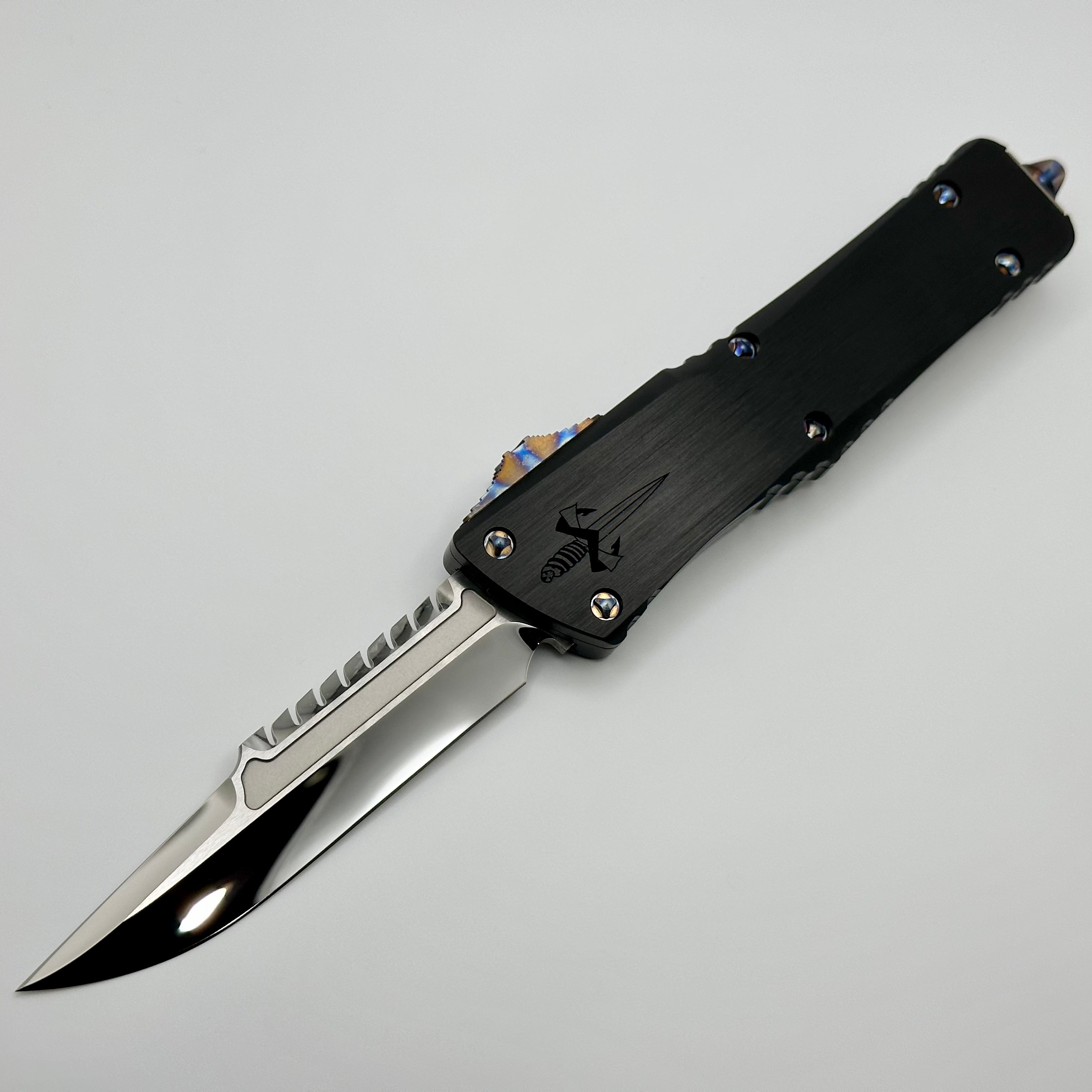 Marfione Custom Knives Combat Troodon Interceptor Mirror Polish w/ Hefted Black Handle & Flamed Hardware