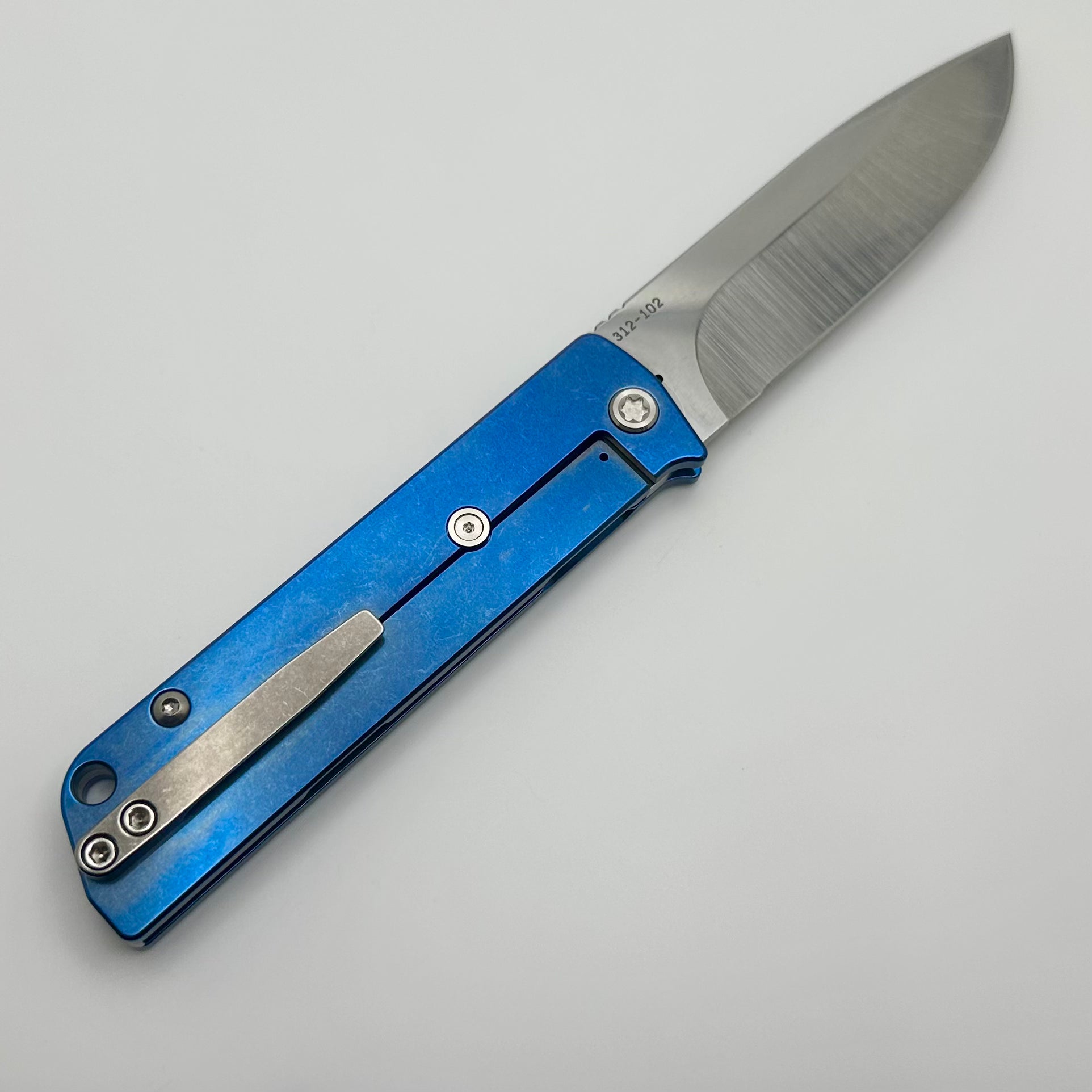 Medford Antik Front Flipper Tumbled S45 Drop Point & Blue Tumbled Titanium Handles