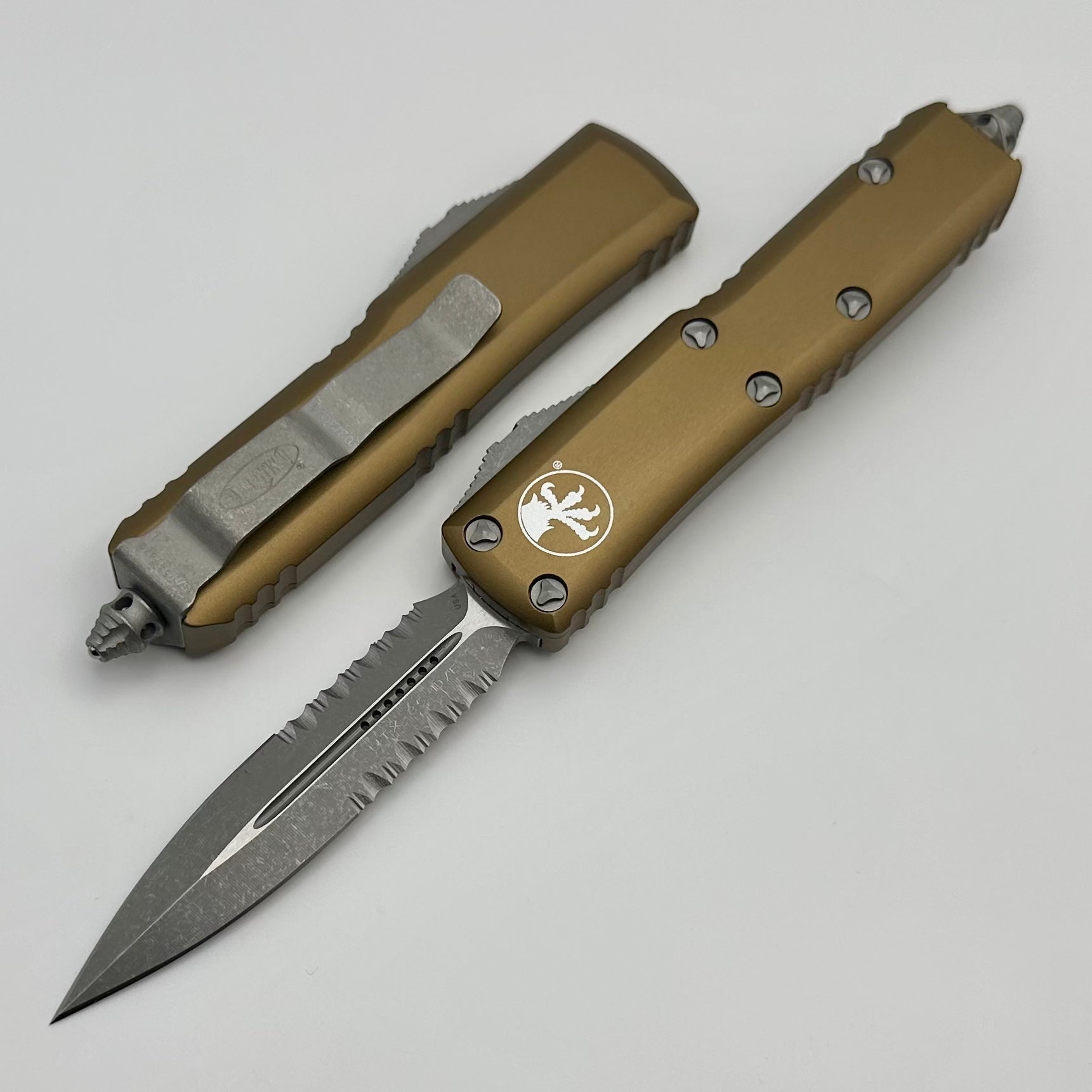 Microtech UTX-85 Double Edge Apocalyptic Partial Serrated & Tan 232-11APTA