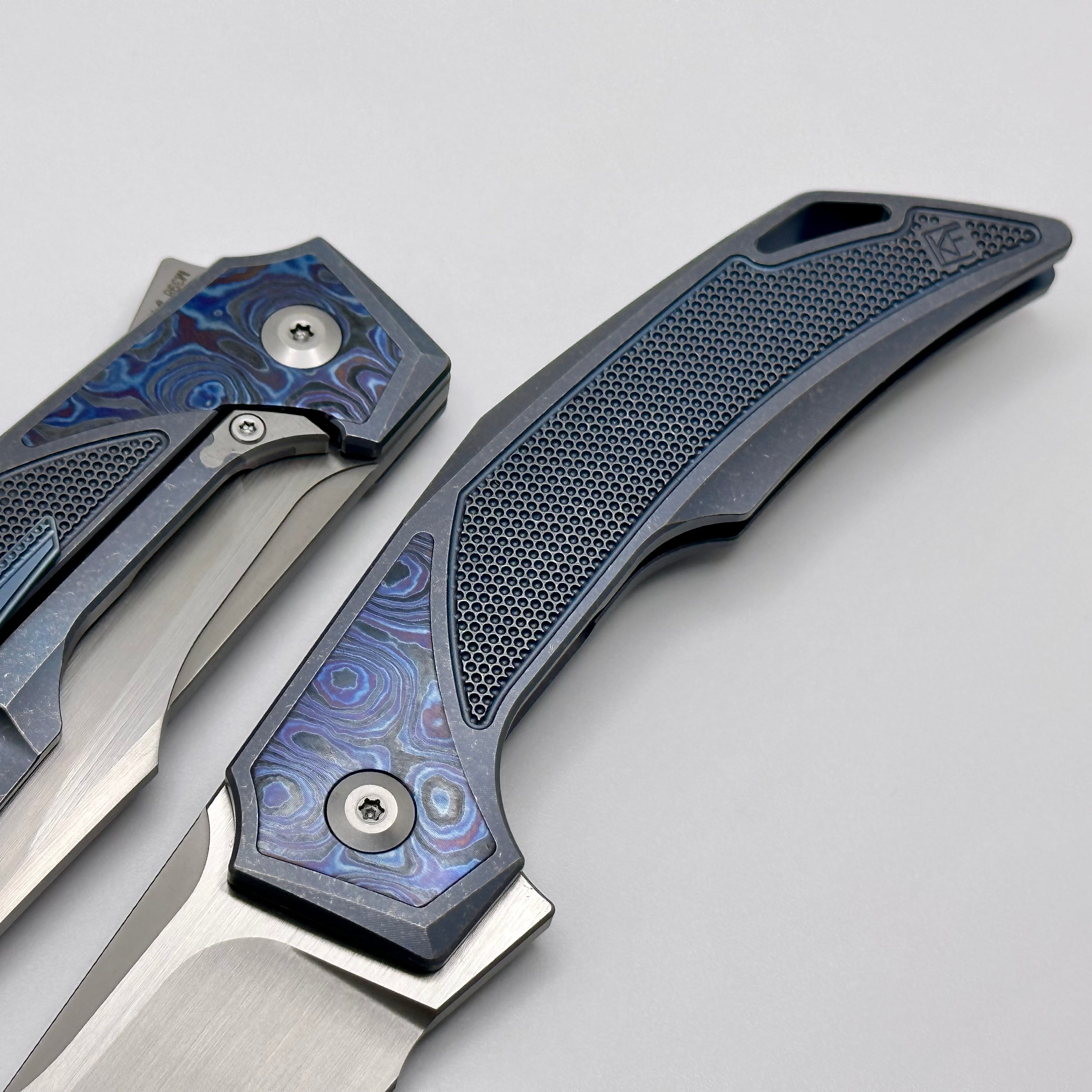 Custom Knife Factory Justice Blue Tumble w/ ZircuTi & Hand Satin M398 ONE PER HOUSEHOLD