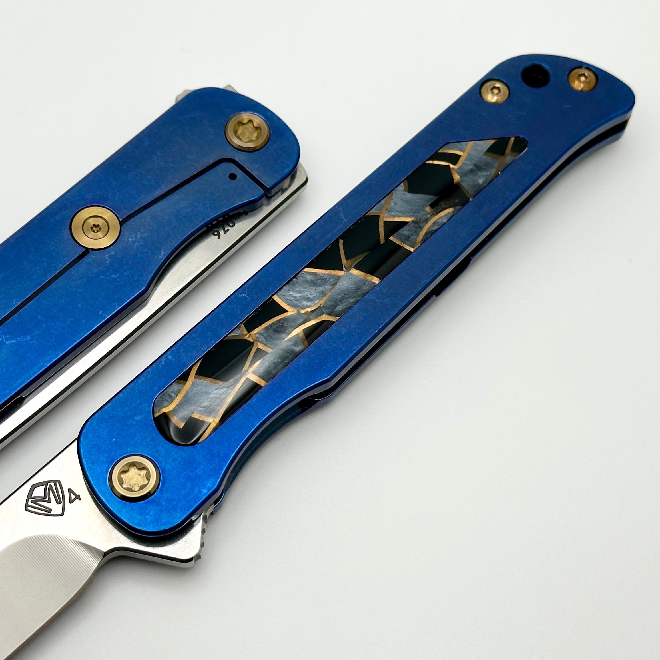 Medford T-Bone Blue Tumbled Titanium Framelock Flipper w/ Mosaic Inlaid Handles & Bronze Hardware w/ Tumbled S45VN Tanto Blade