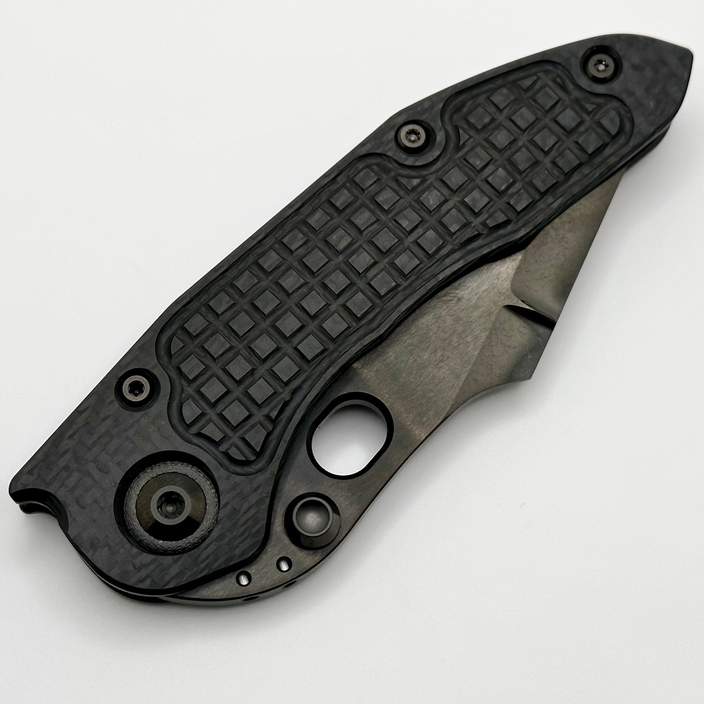 Marfione Custom Knives & Borka Blades Blackout Frag Carbon Fiber w/ DLC Cracked Diamond Wash Double Star Grind M390