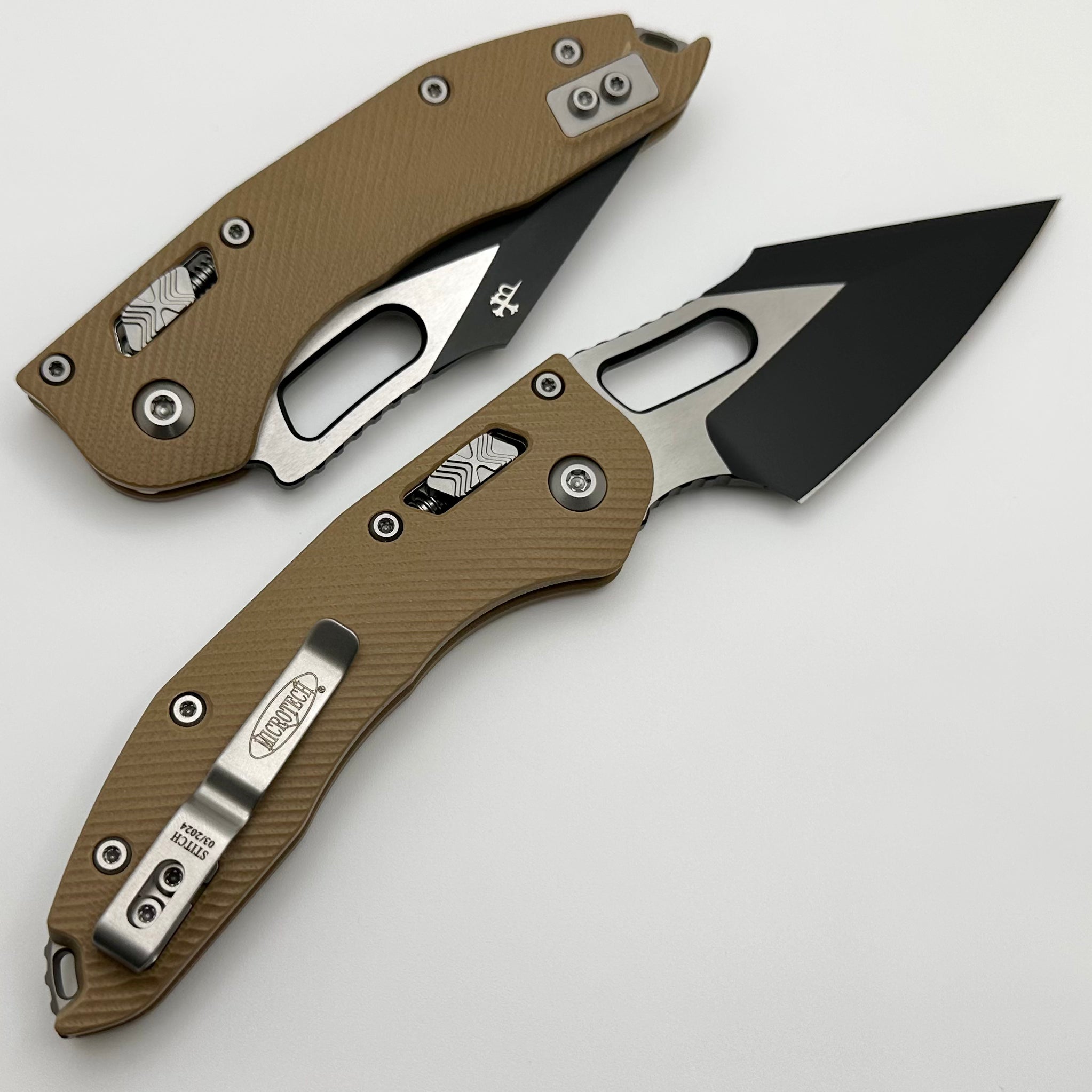 Microtech Knives Manual Stitch RAM LOK Fluted Tan G-10 & Two Tone Black M390MK 169RL-1FLGTTA