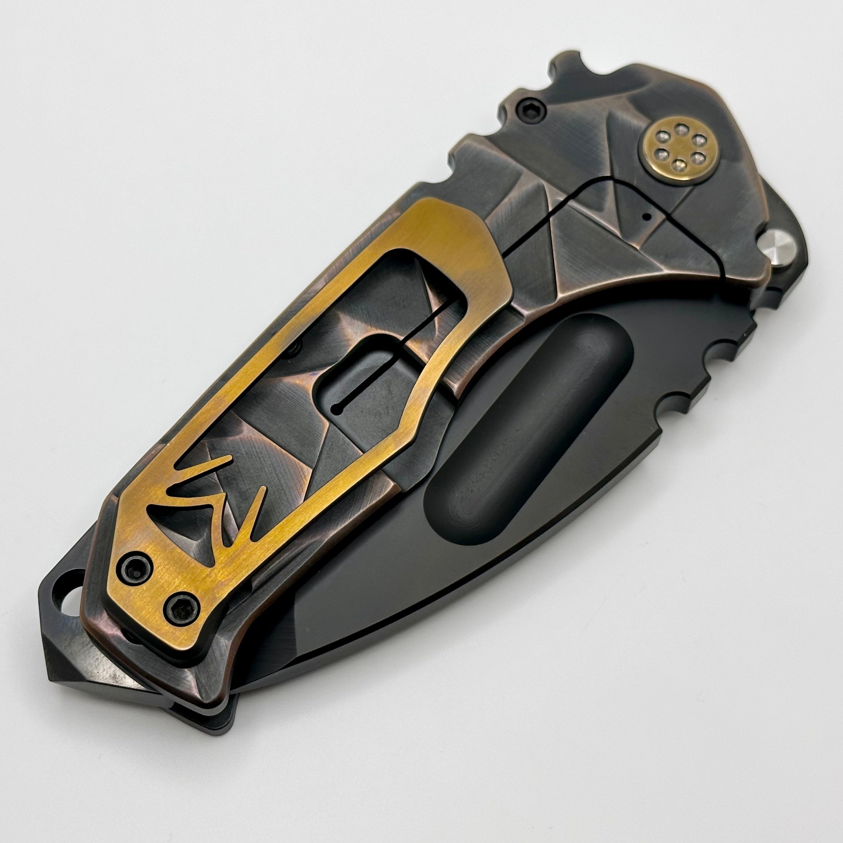 Medford Knife Praetorian TI PVD 3V Tanto & Cement Brushed/Bronze Flats Stained Glass Sculpting w/ PVD/ Bronze Hardware/Clip