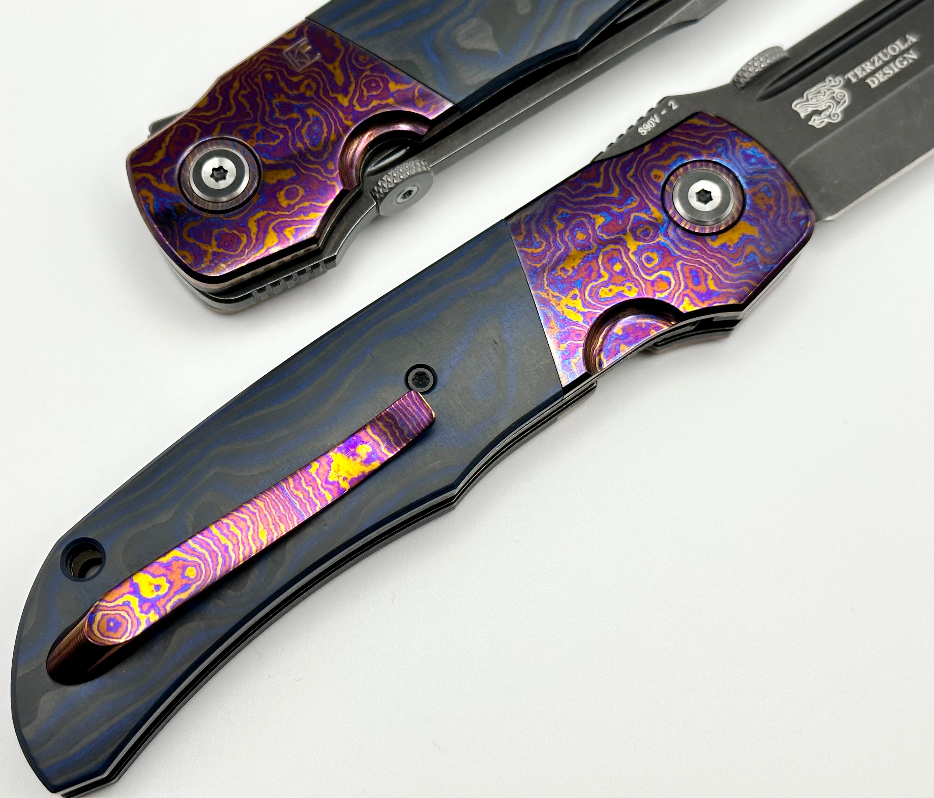 Custom Knife Factory Eagle Rock Timascus Bolsters w/ Blue/Black Carbon Fiber & S90V