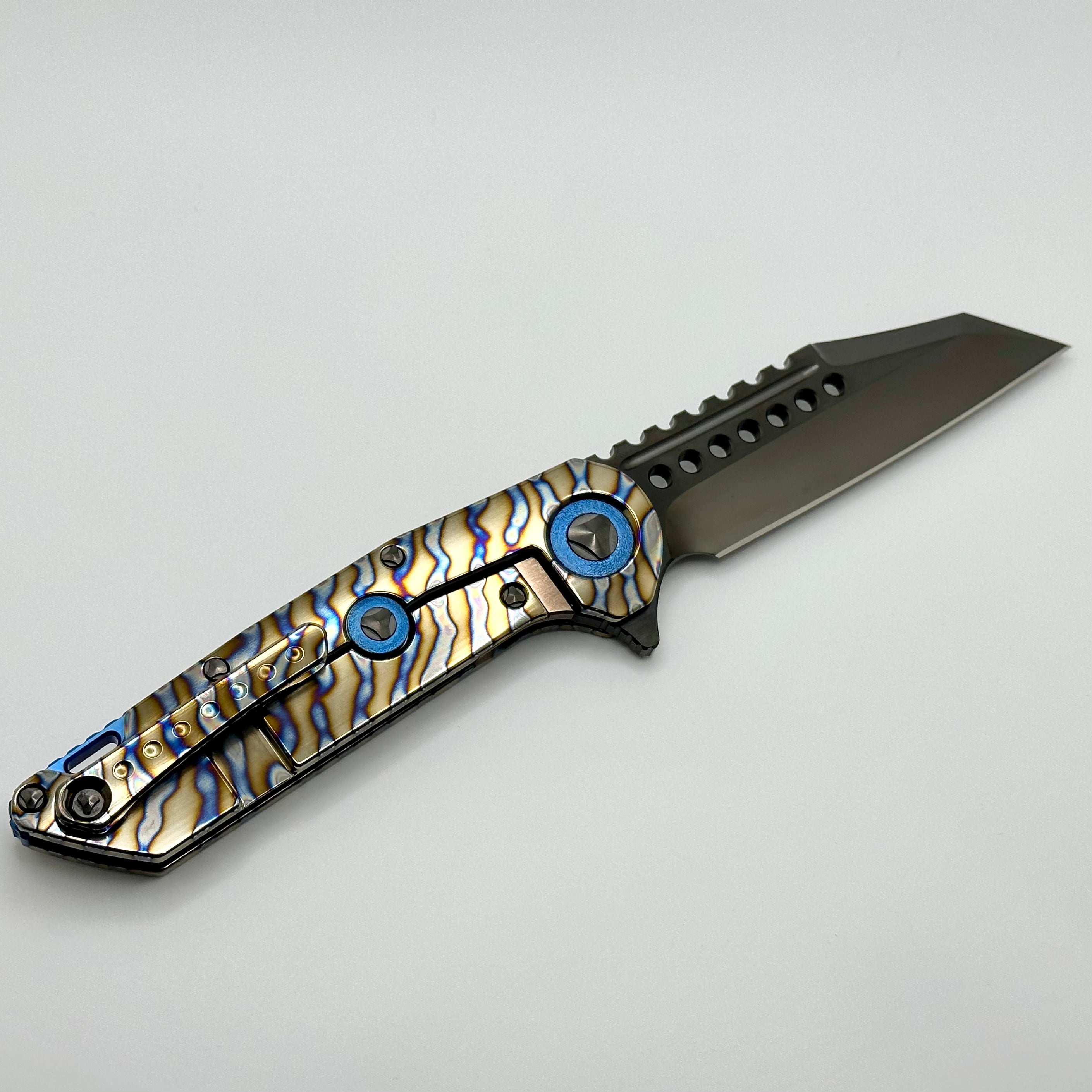 Marfione Custom Knives Warhound DLC Diamondwash Polish & Flamed Titanium Handles w/ Blue Titanium Accents & DLC Two Tone Hardware