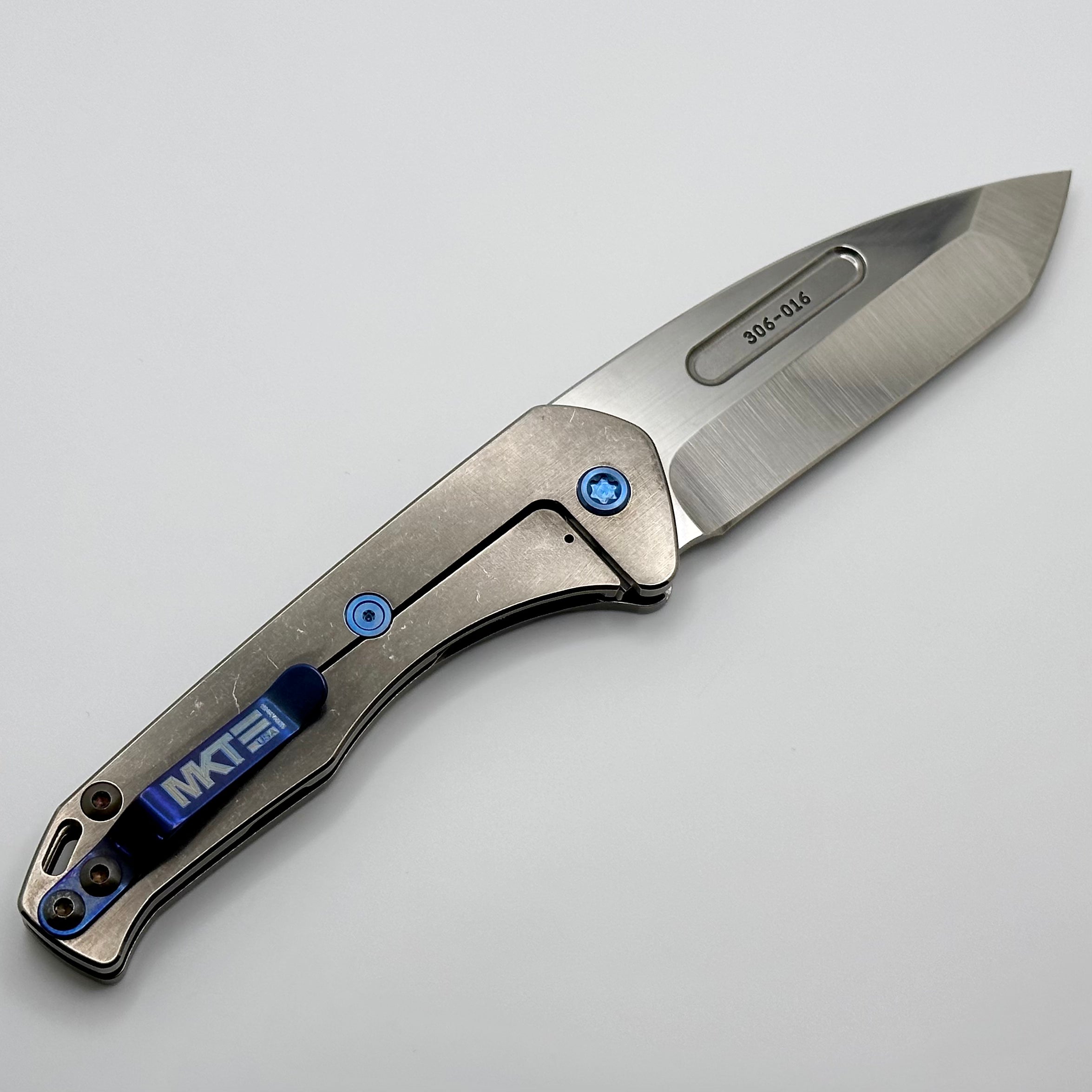 Medford Praetorian Slim S45VN Tumbled Tanto & Tumbled Patriotic Eagle Engraved Handles w/ Blue Hardware/Clip