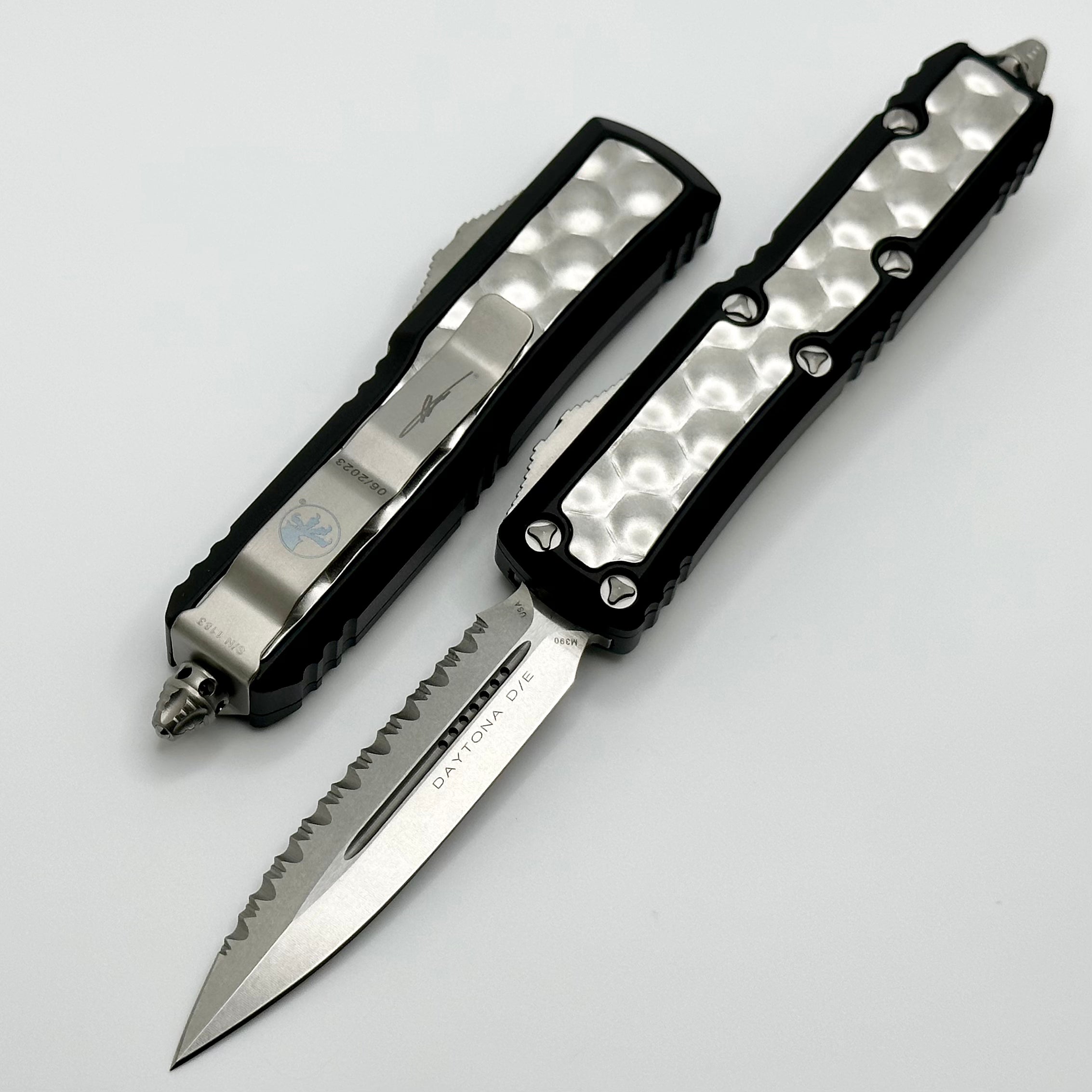 Microtech Daytona D/E Stonewash Full Serrated w/ Brute Bubble Inlays Signature Series 126-12BIS