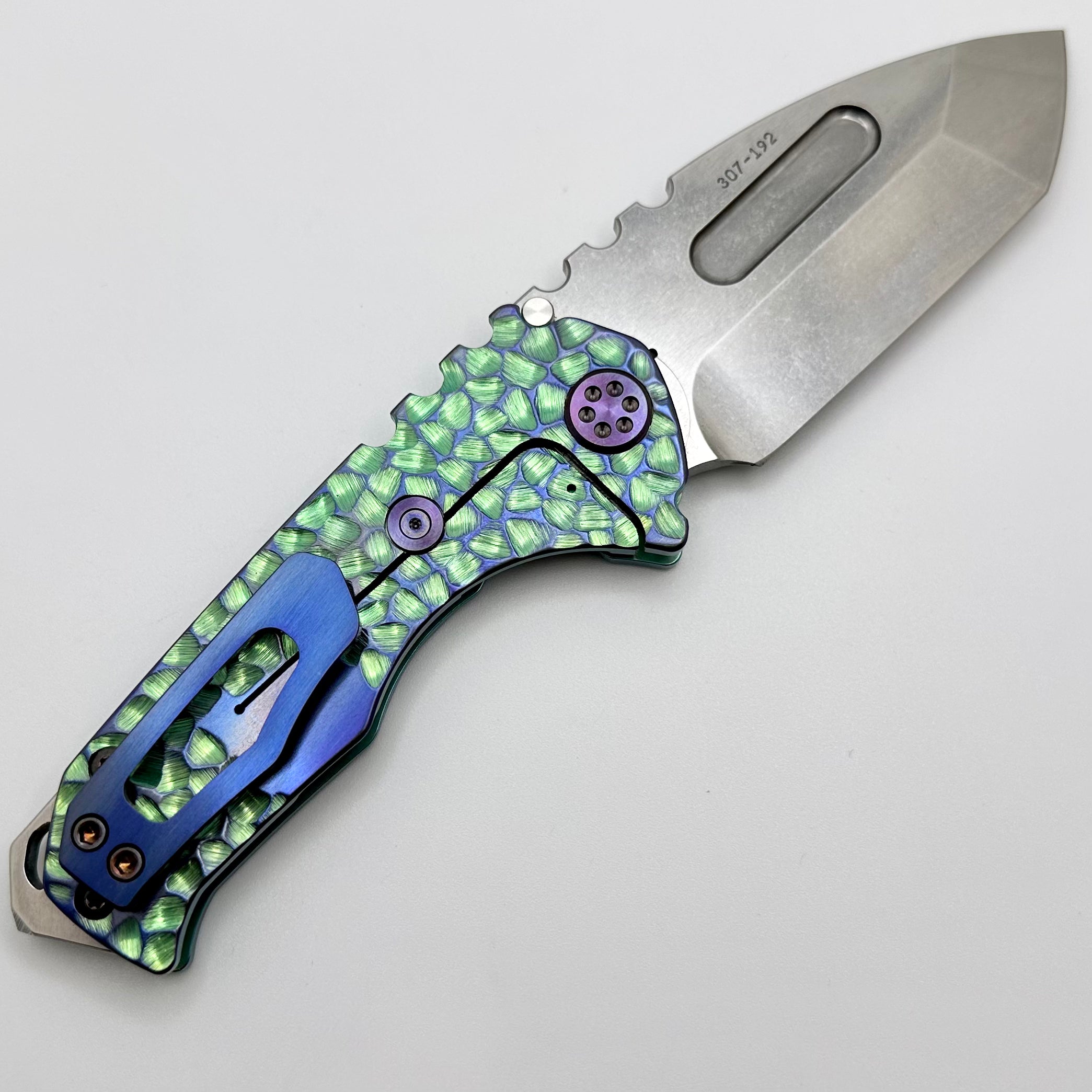 Medford Praetorian Genesis T Ecto Green Peaks & Valleys Hulk Handles w/ Violet Hardware/Clip & S45VN Tumbled Tanto