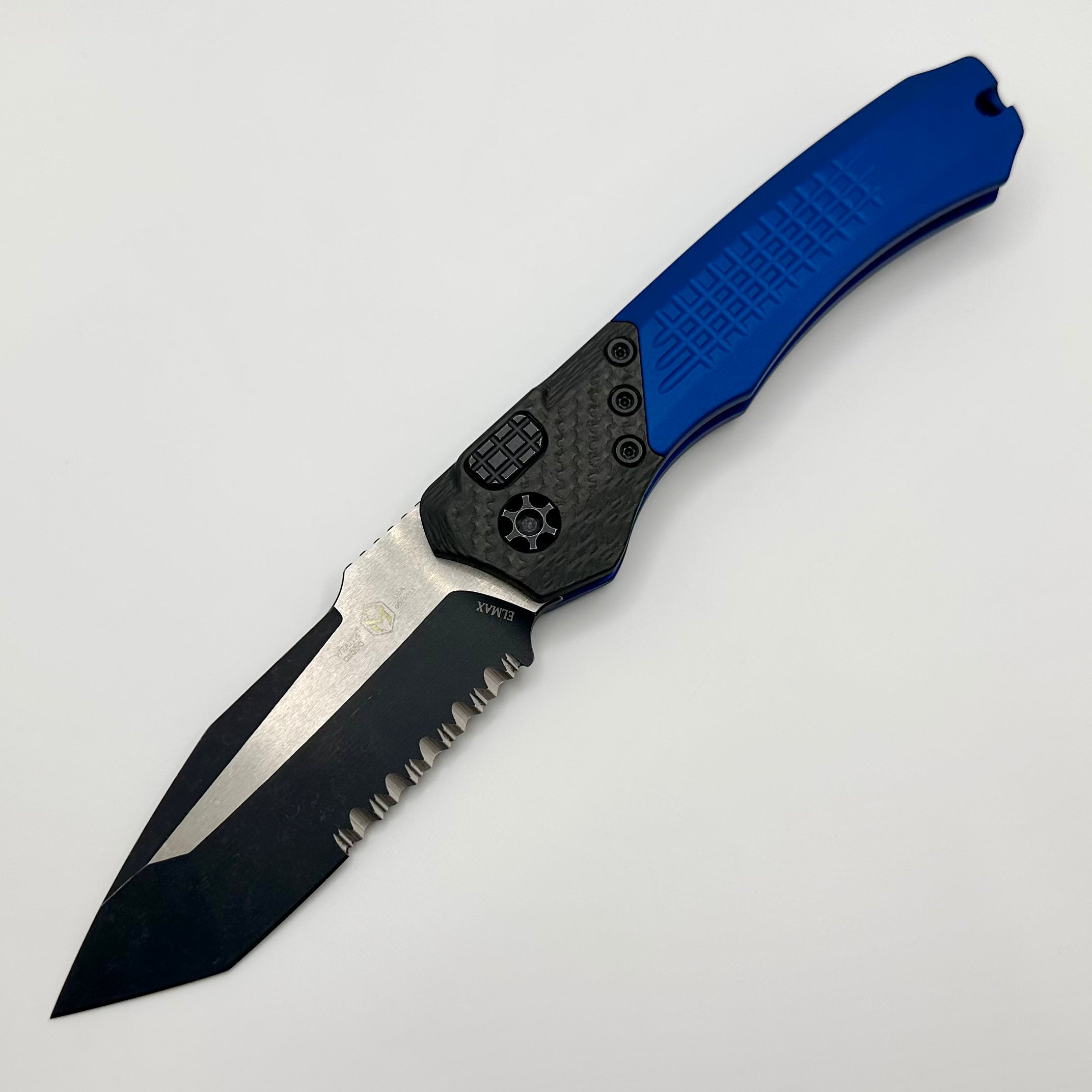 Heretic Knives Wraith Auto Two Tone Battleworn Tanto Partial Serrated w/ Carbon Fiber Bolster & Blue Handle H100-8B-BLU BLEMISH