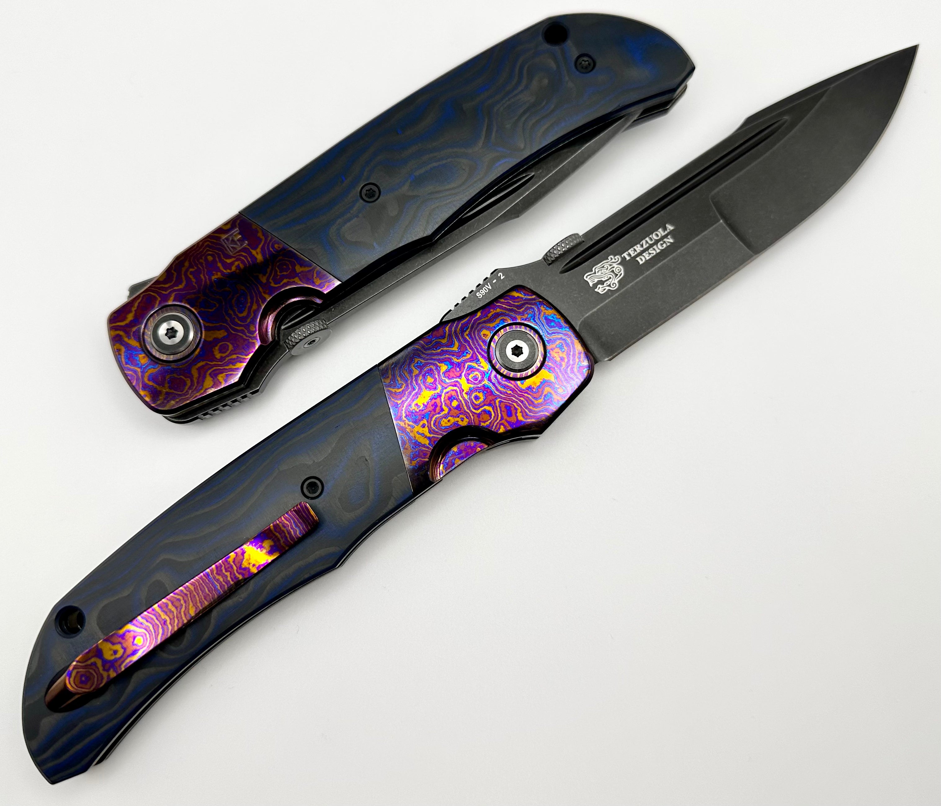 Custom Knife Factory Eagle Rock Timascus Bolsters w/ Blue/Black Carbon Fiber & S90V