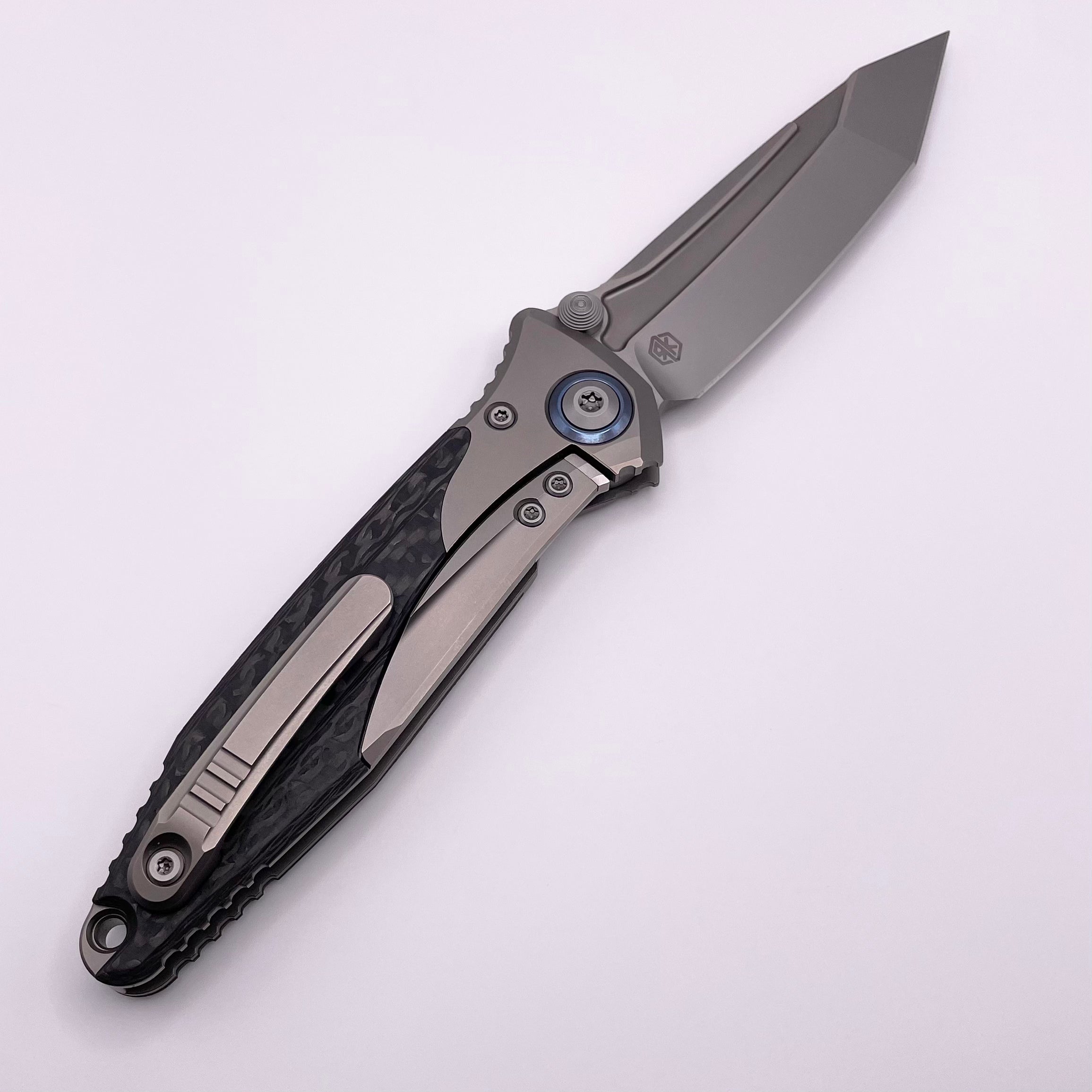 Microtech Knives Socom Bravo T/E Bead Blast Standard w/ Blue Ti Pivot Collars & Carbon Fiber Scales 261-7CFTI Pre Owned