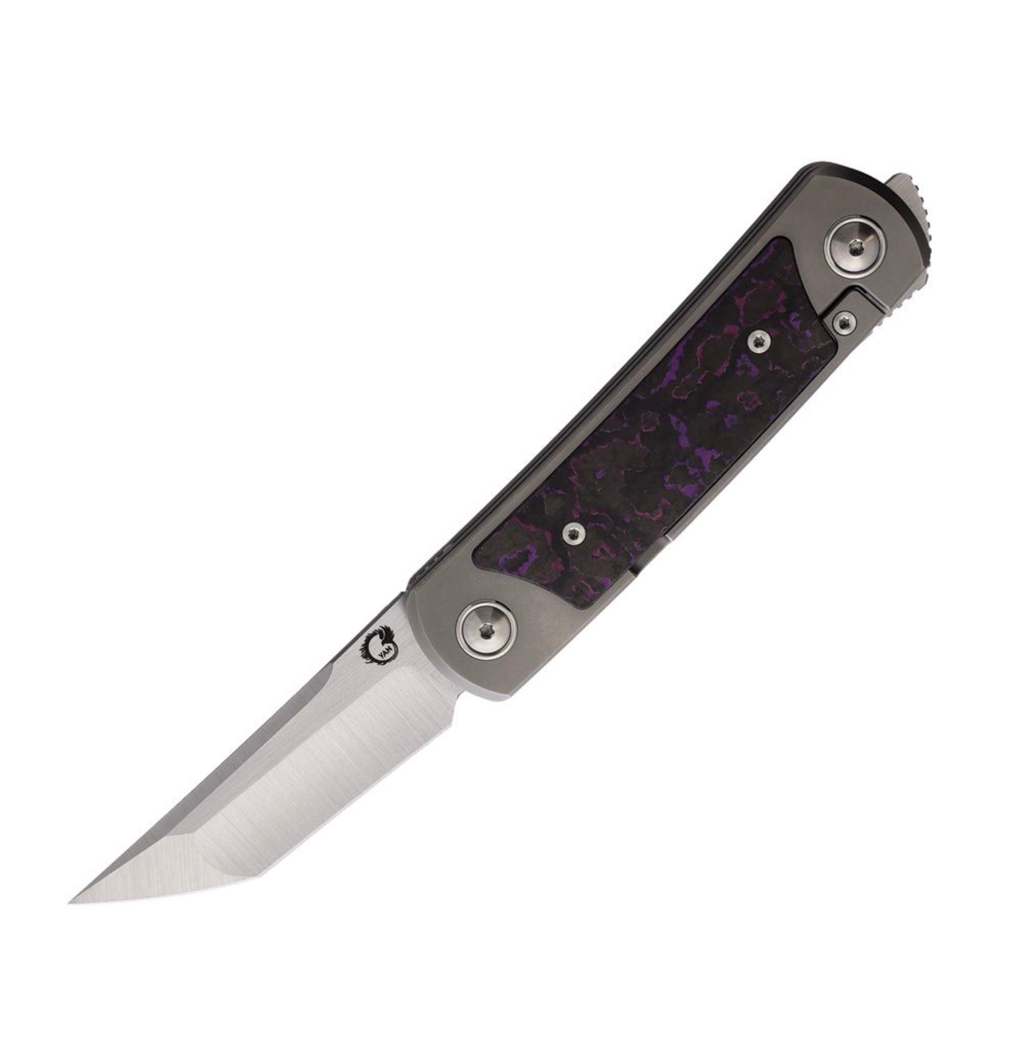 Yan Knives EMW East Meets West Purple Haze Fat Carbon Dual Front Flipper w/ M390 Drop Point & Tanto Blades